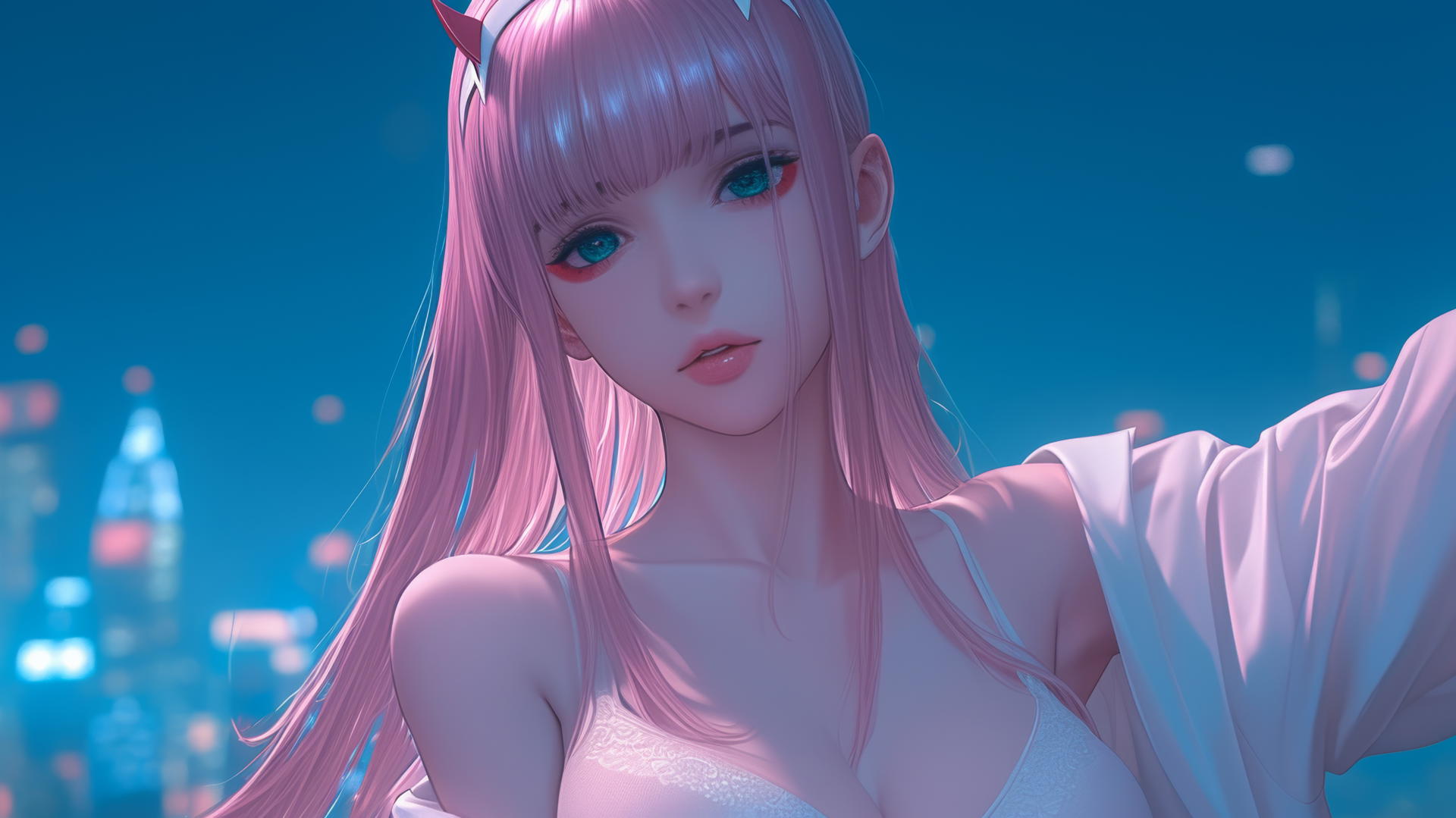 Zero Two from DARLING in the FRANXX, pink hair, neon-lit hotel ceiling.