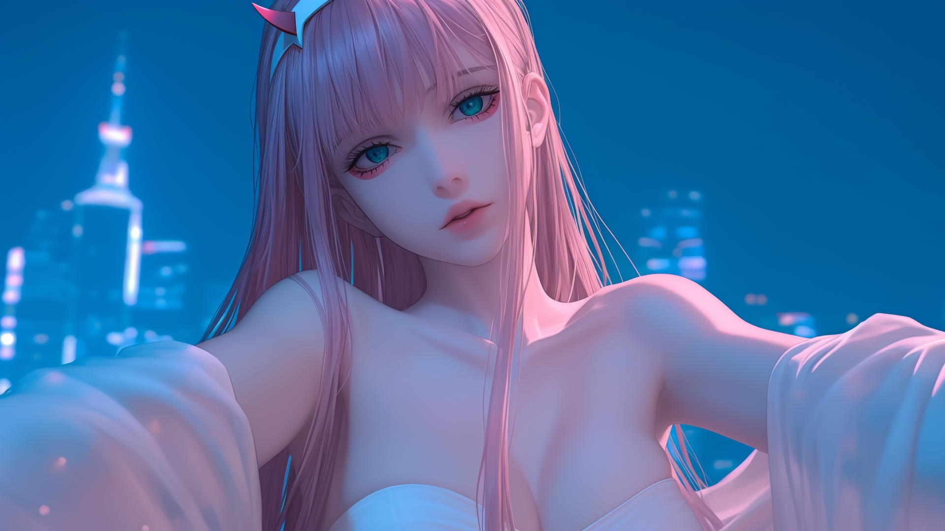 Zero Two from DARLING in the FRANXX with long pink hair, seen from below, warm and neon lights casting a soft glow.