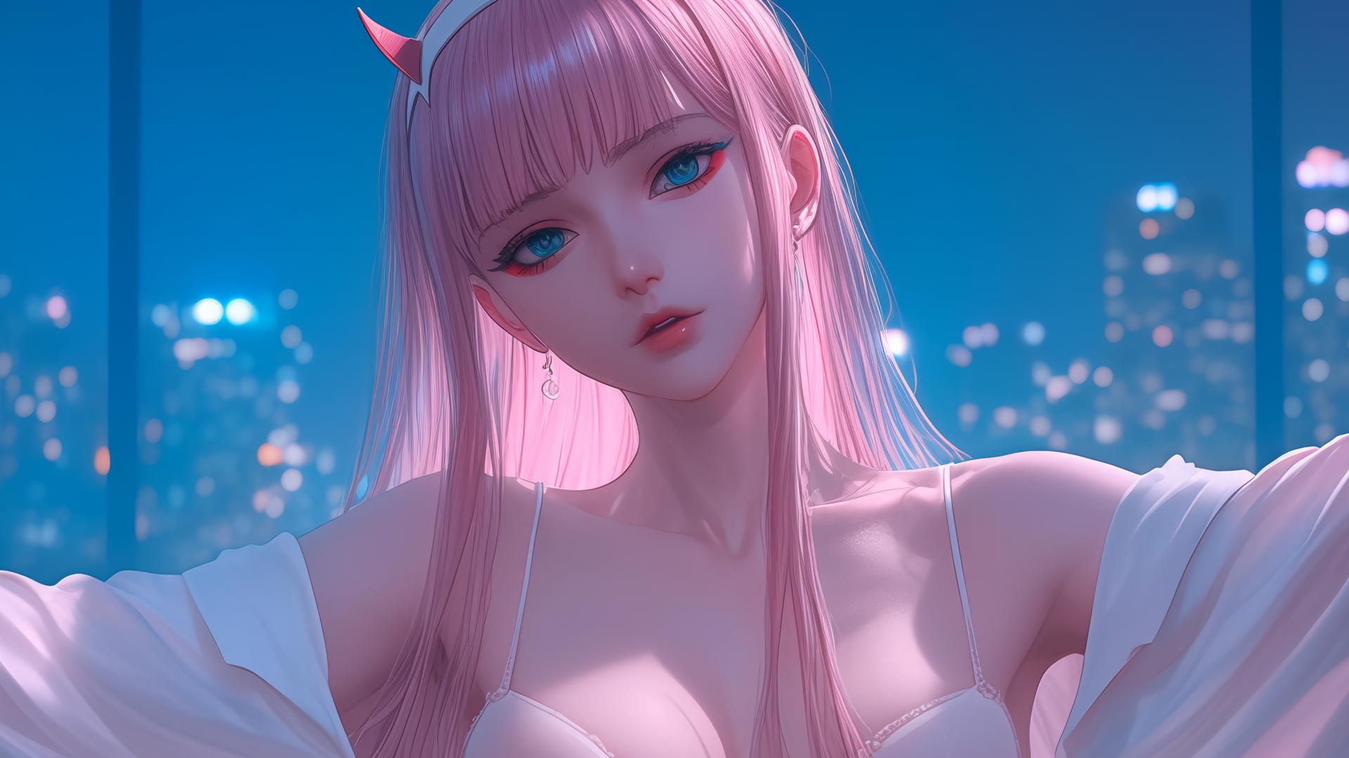 Zero Two with long pink hair kneeling and leaning forward, warm neon light background.