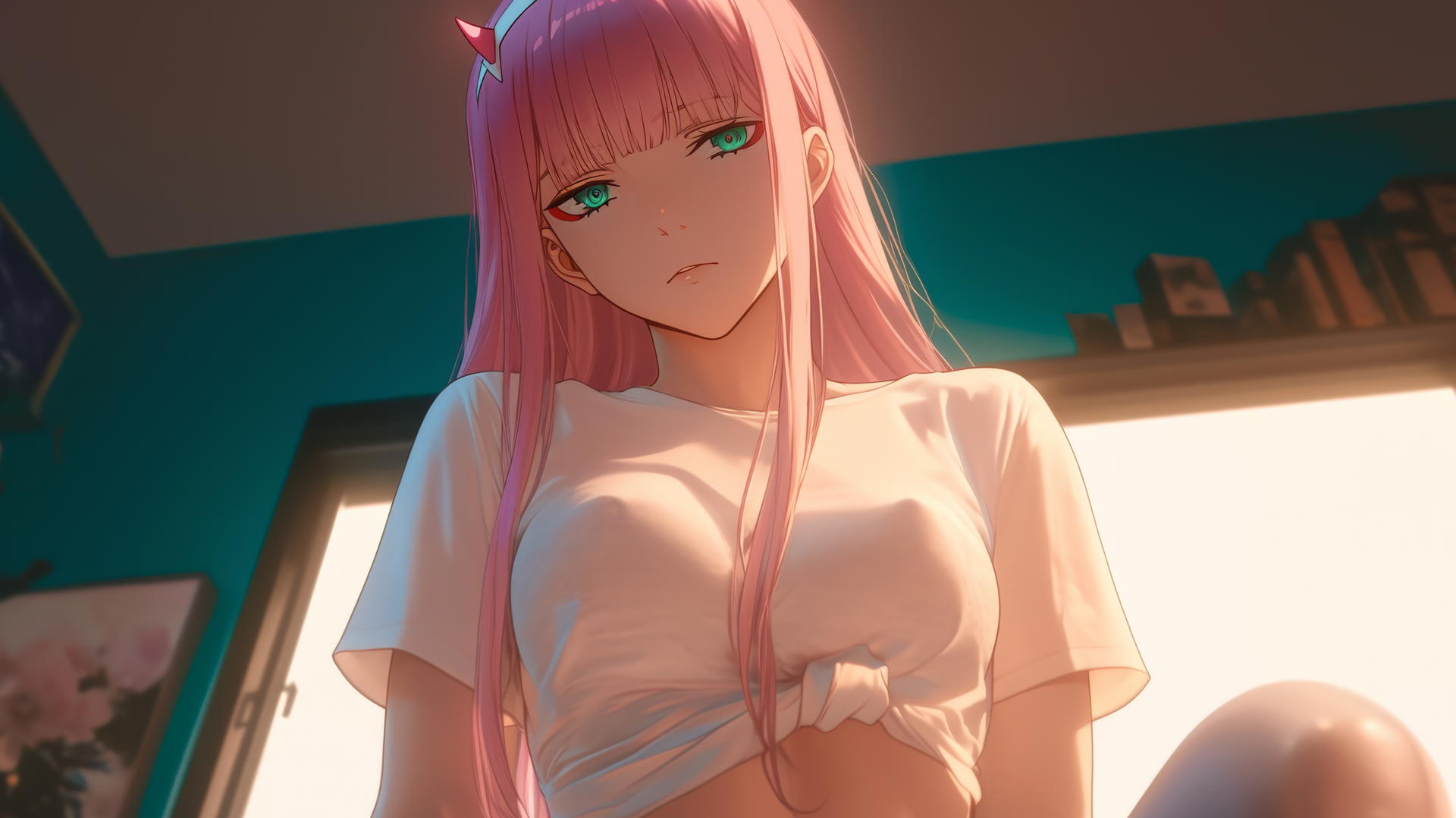 Zero Two from DARLING in the FRANXX seen from below, long pink hair, against a hotel ceiling, leaning and looking down.