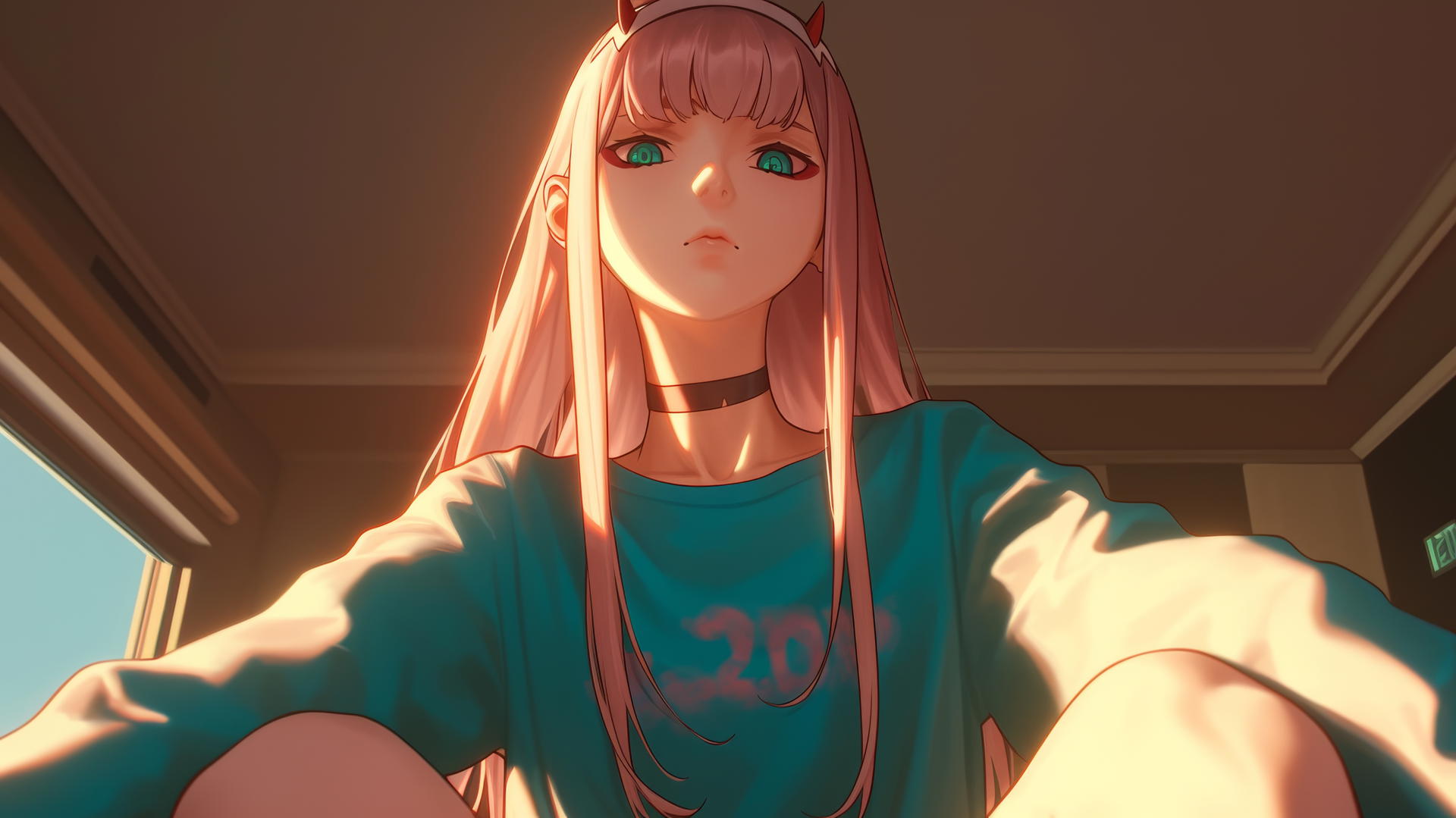 Zero Two from DARLING in the FRANXX kneeling with long pink hair against a hotel ceiling, neon light glow.