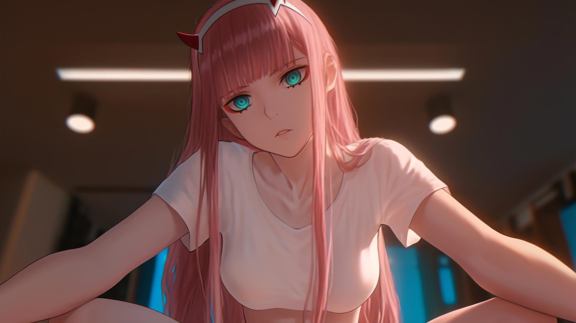 Zero Two from DARLING in the FRANXX with long pink hair, in a worn-out t-shirt, leaning and looking down, hotel ceiling background.