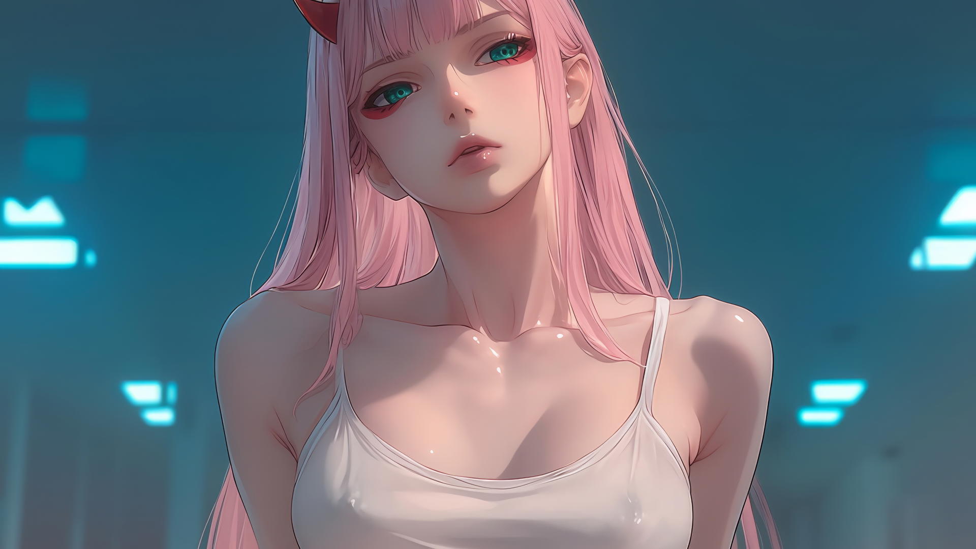 Zero Two from DARLING in the FRANXX, kneeling with pink hair, warm neon light.