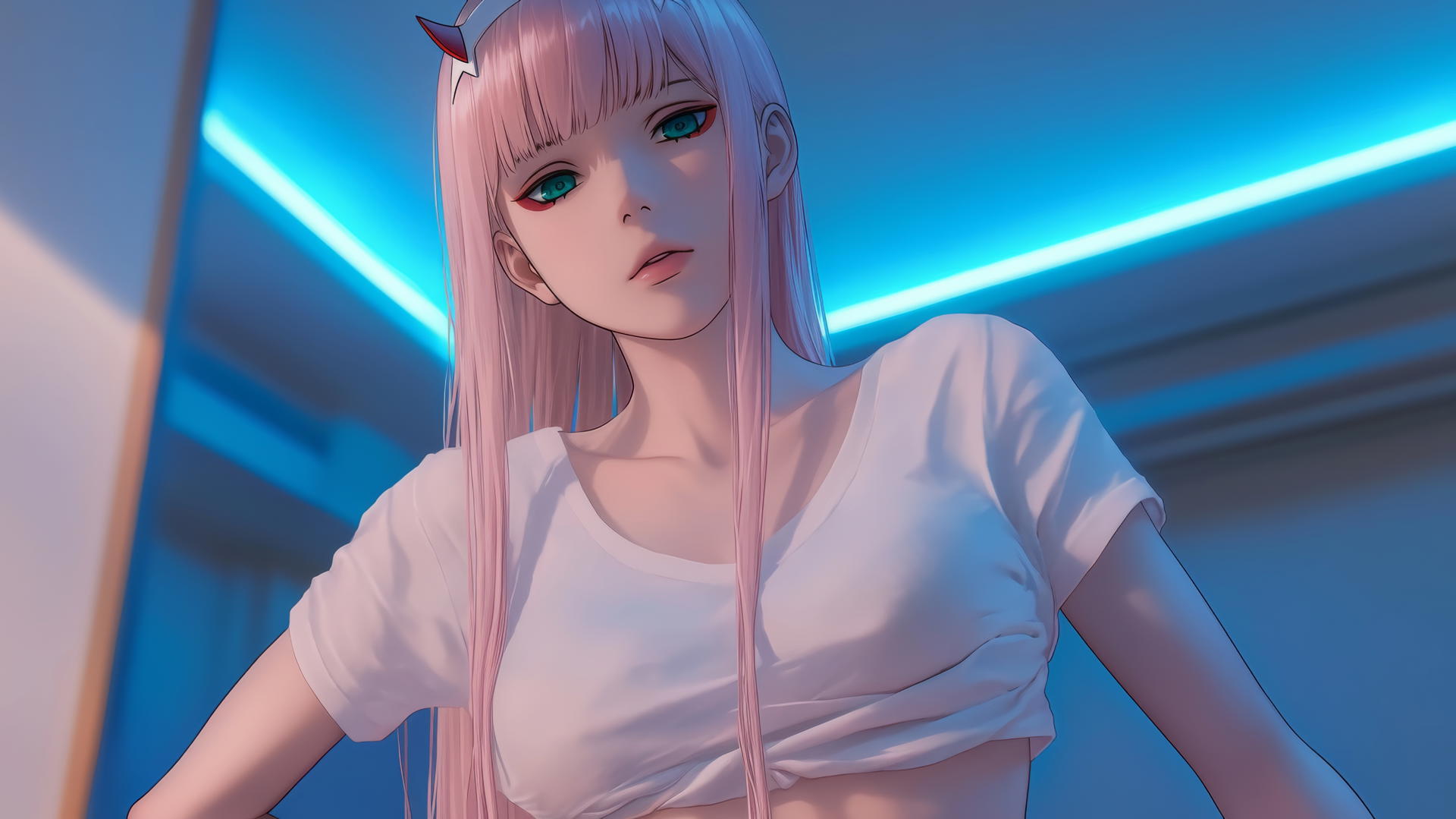 Zero Two from DARLING in the FRANXX with pink hair, kneeling, looking down, hotel ceiling background.