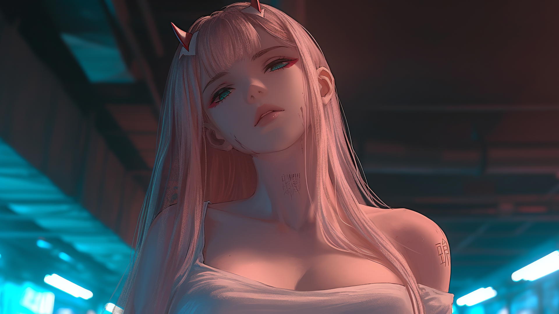 Zero Two from DARLING in the FRANXX looking down, warm and neon lights above