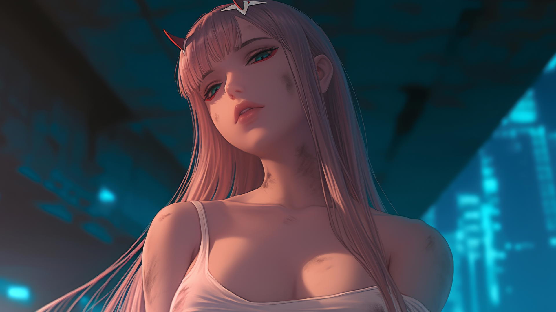 Zero Two from DARLING in the FRANXX with long pink hair, leaning towards viewer under hotel ceiling with warm, neon light.