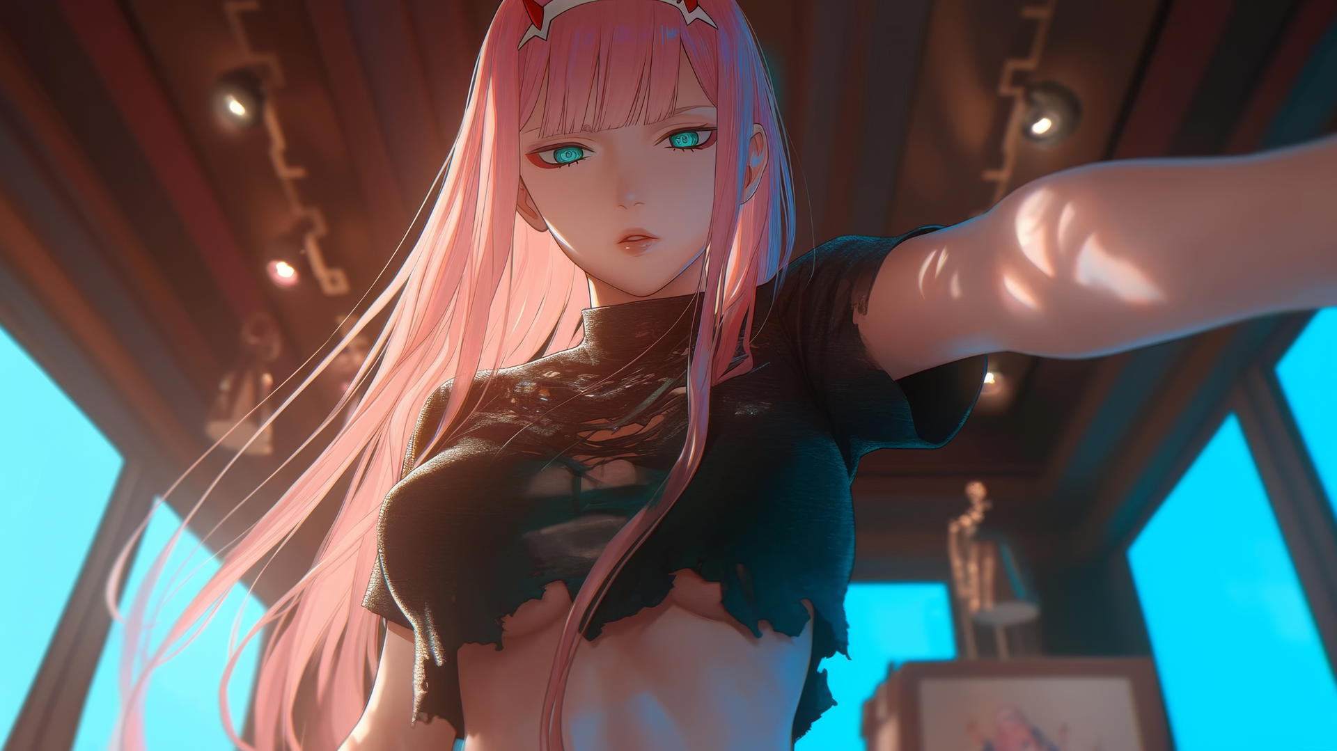 Zero Two from DARLING in the FRANXX, long pink hair, kneeling, worn-out shirt, warm neon light