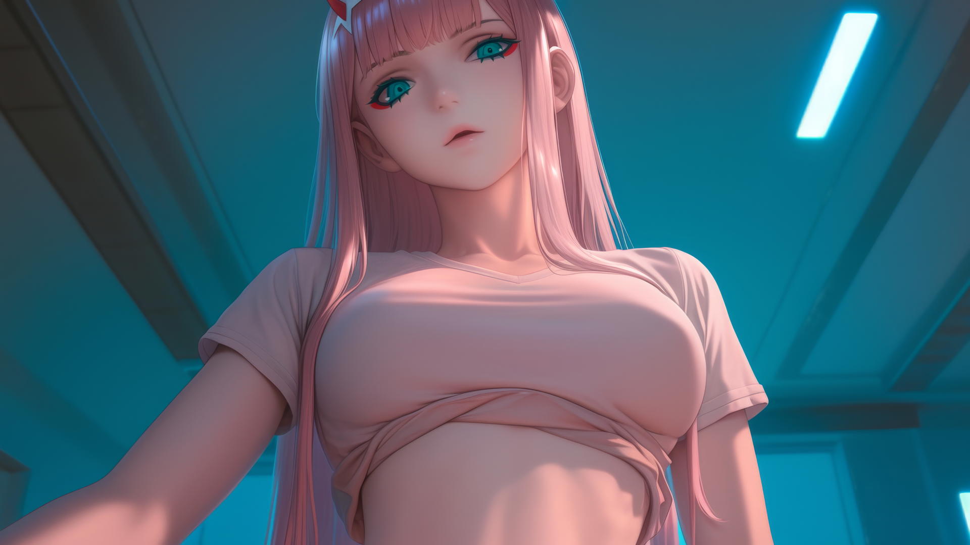 Zero Two from DARLING in the FRANXX with long pink hair, leaning and kneeling, hotel ceiling background.
