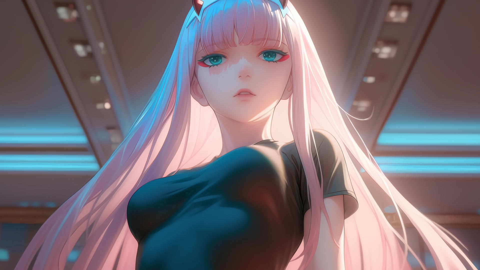Zero Two from DARLING in the FRANXX, seen from below with long pink hair, under a warm-lit hotel ceiling.