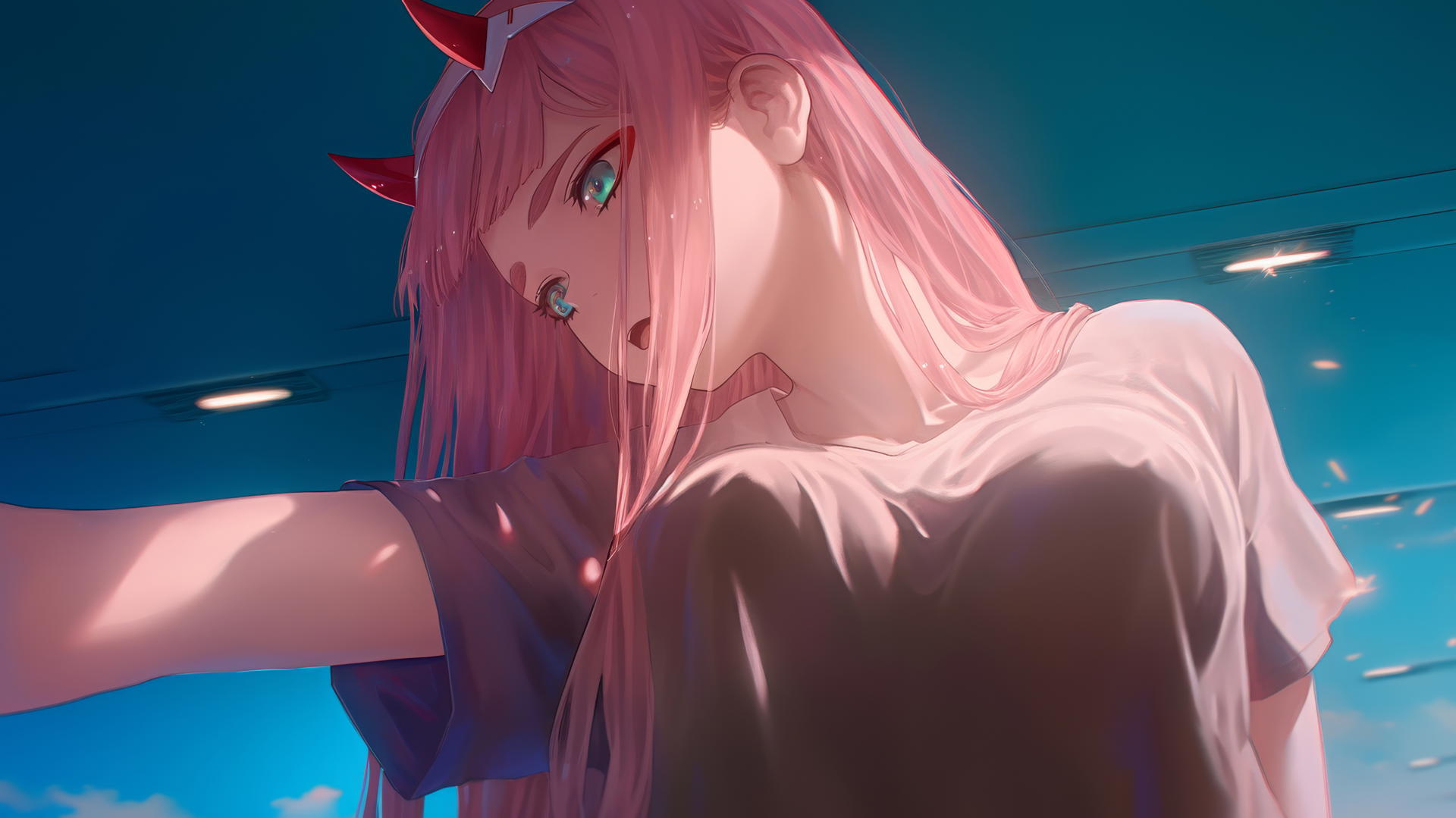Zero Two from DARLING in the FRANXX, long pink hair, seen from below, warm neon light.