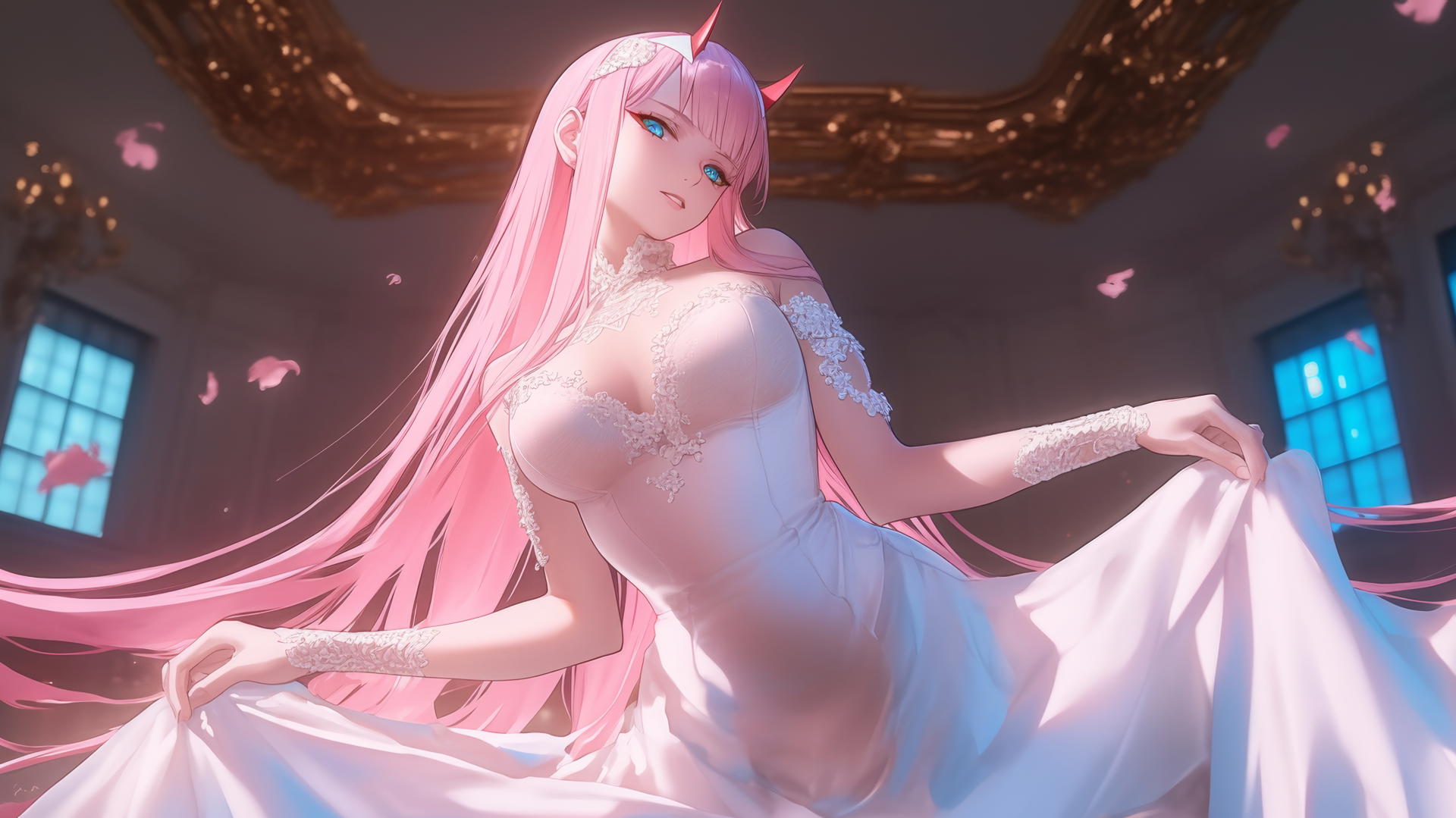 Zero Two from DARLING in the FRANXX kneeling in a wedding dress under neon-lit hotel ceiling.