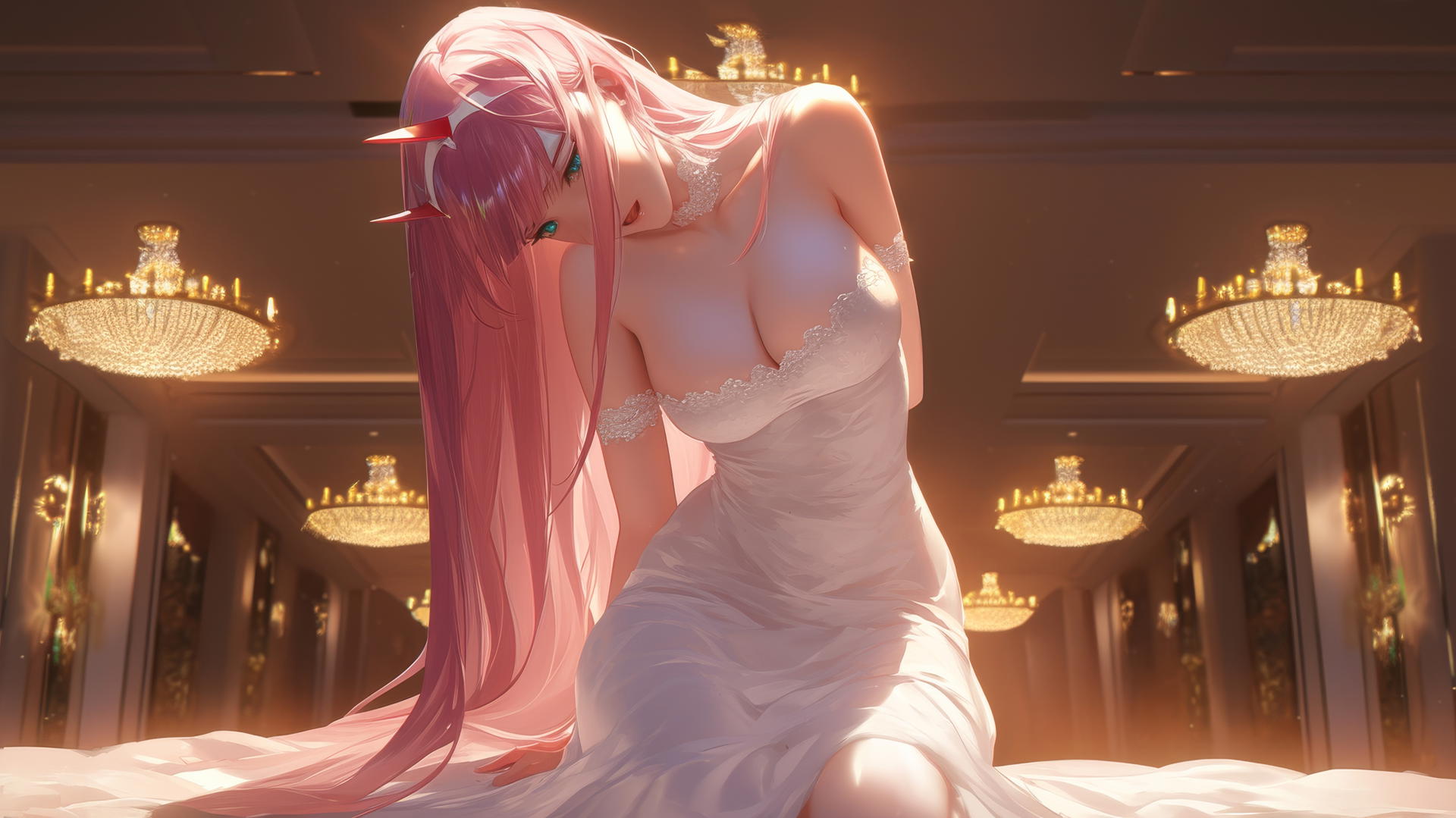 Zero Two from DARLING in the FRANXX kneeling, looking down, in wedding dress, neon lights