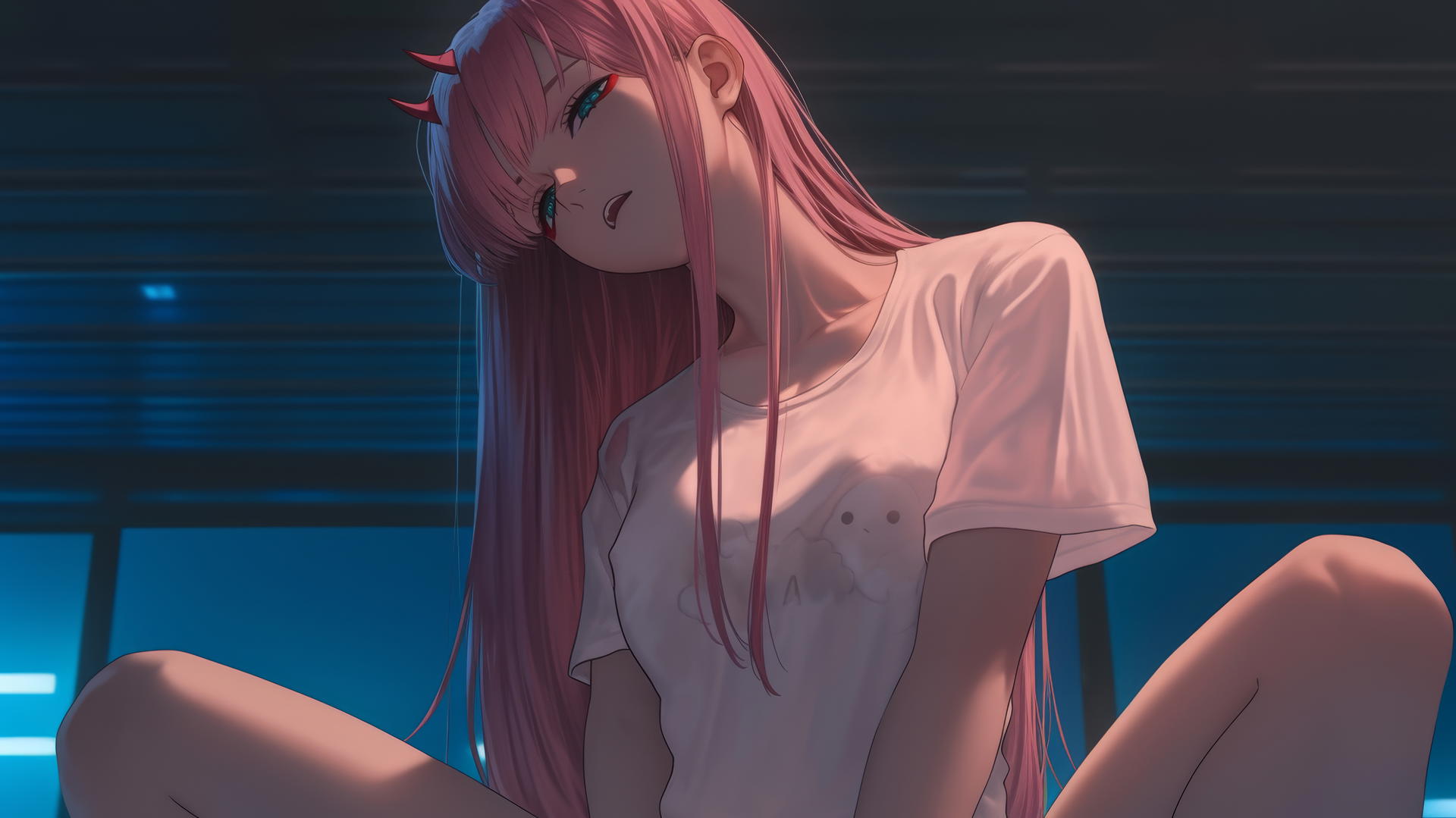 Zero Two from DARLING in the FRANXX kneeling and looking down, with pink hair and warm lighting.
