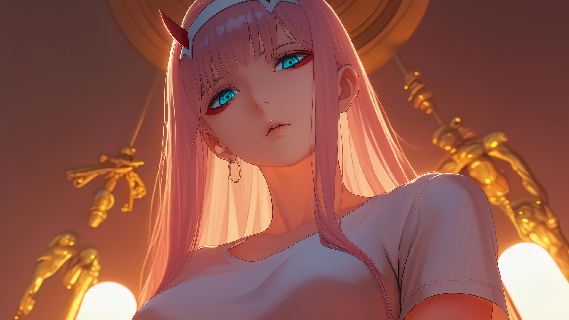 Zero Two from DARLING in the FRANXX seen from below, long pink hair, hotel ceiling background