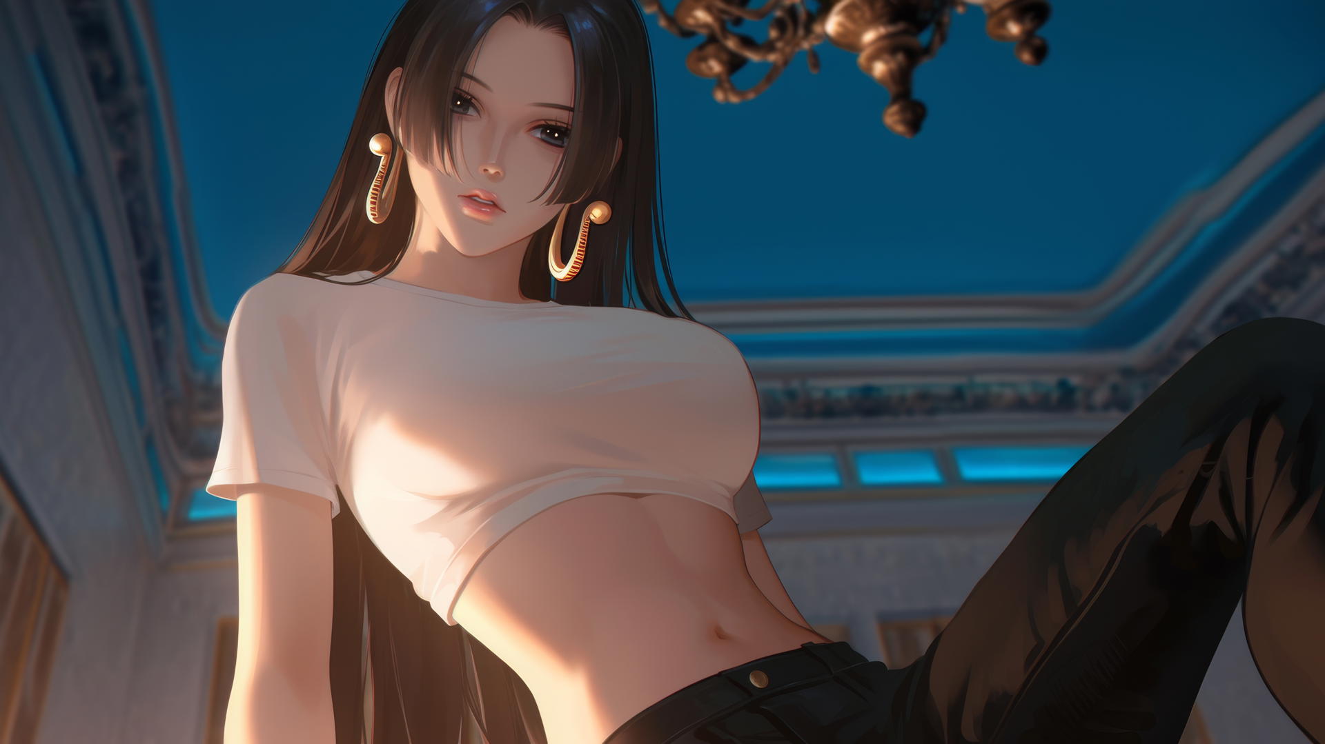 Boa Hancock from One Piece kneeling, looking down with warm neon light background