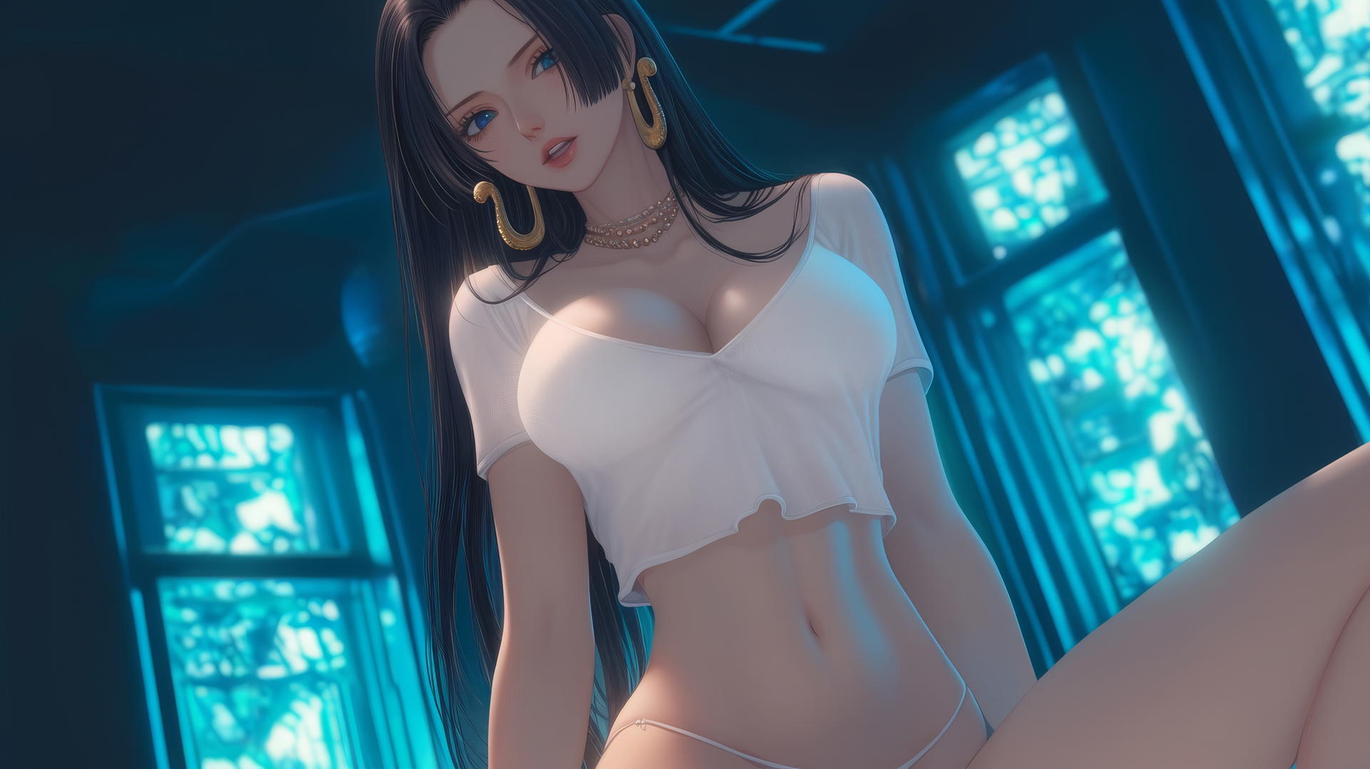 Boa Hancock from One Piece kneeling with a hotel ceiling in the background.