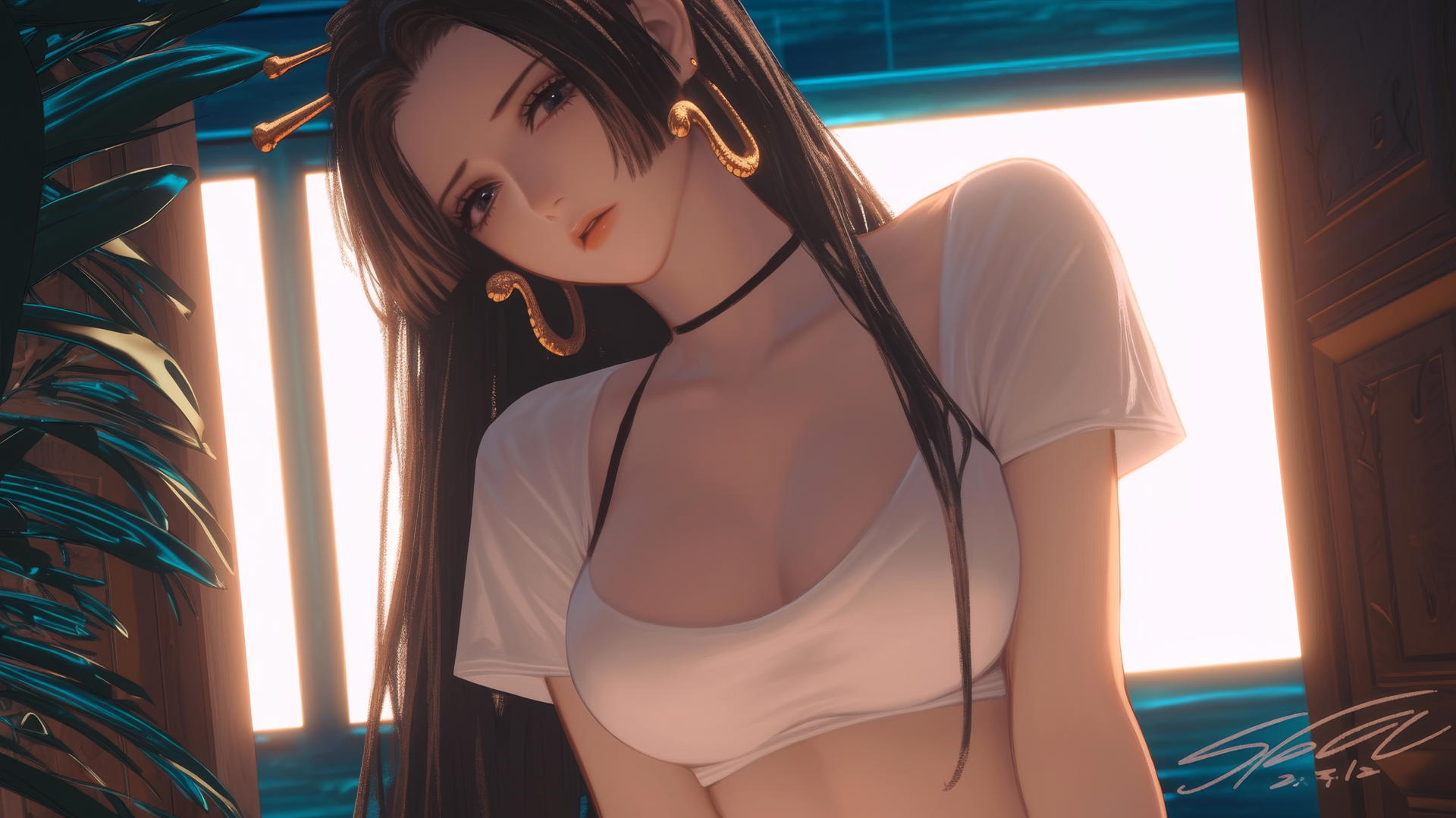 Boa Hancock from One Piece kneeling under warm hotel ceiling lights.