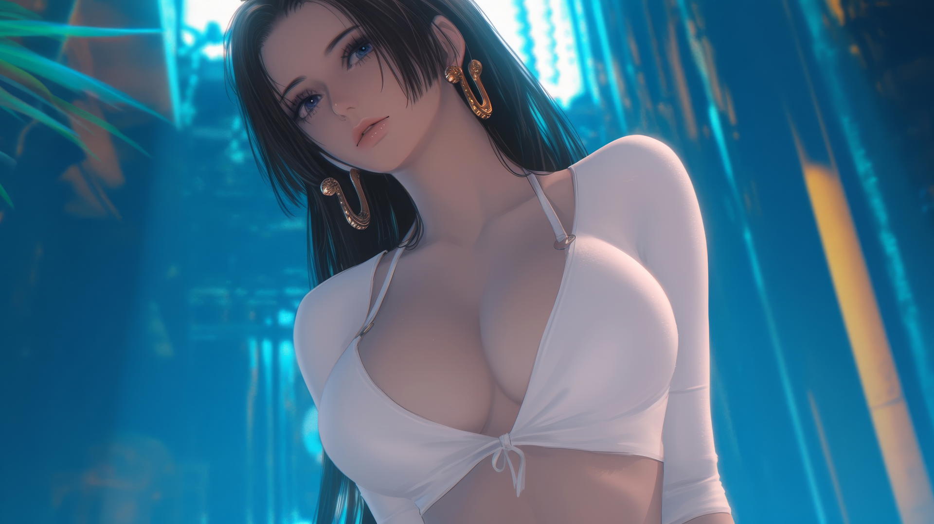 Boa Hancock kneels and looks down under warm and neon lights in a hotel.