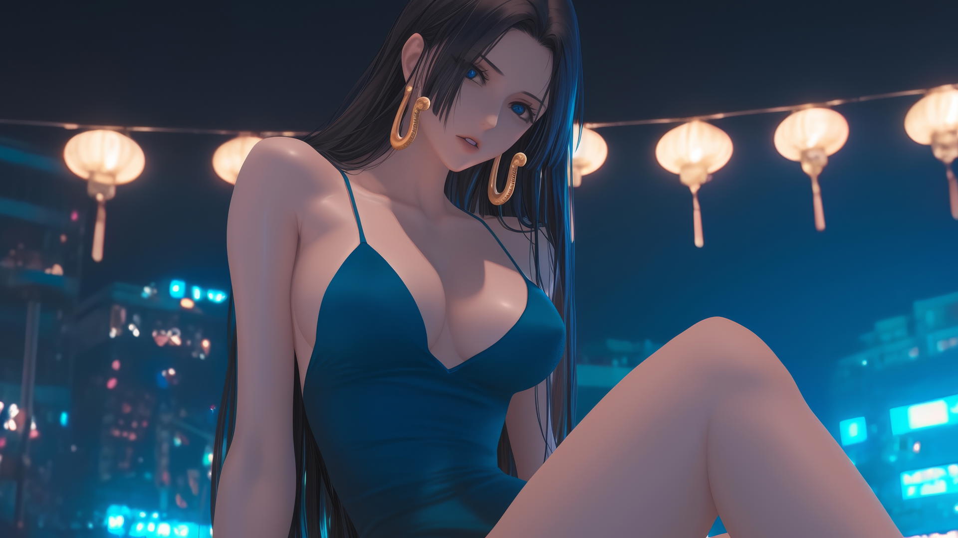 Boa Hancock from One Piece, kneeling with warm and neon lights casting a glow from a hotel ceiling.