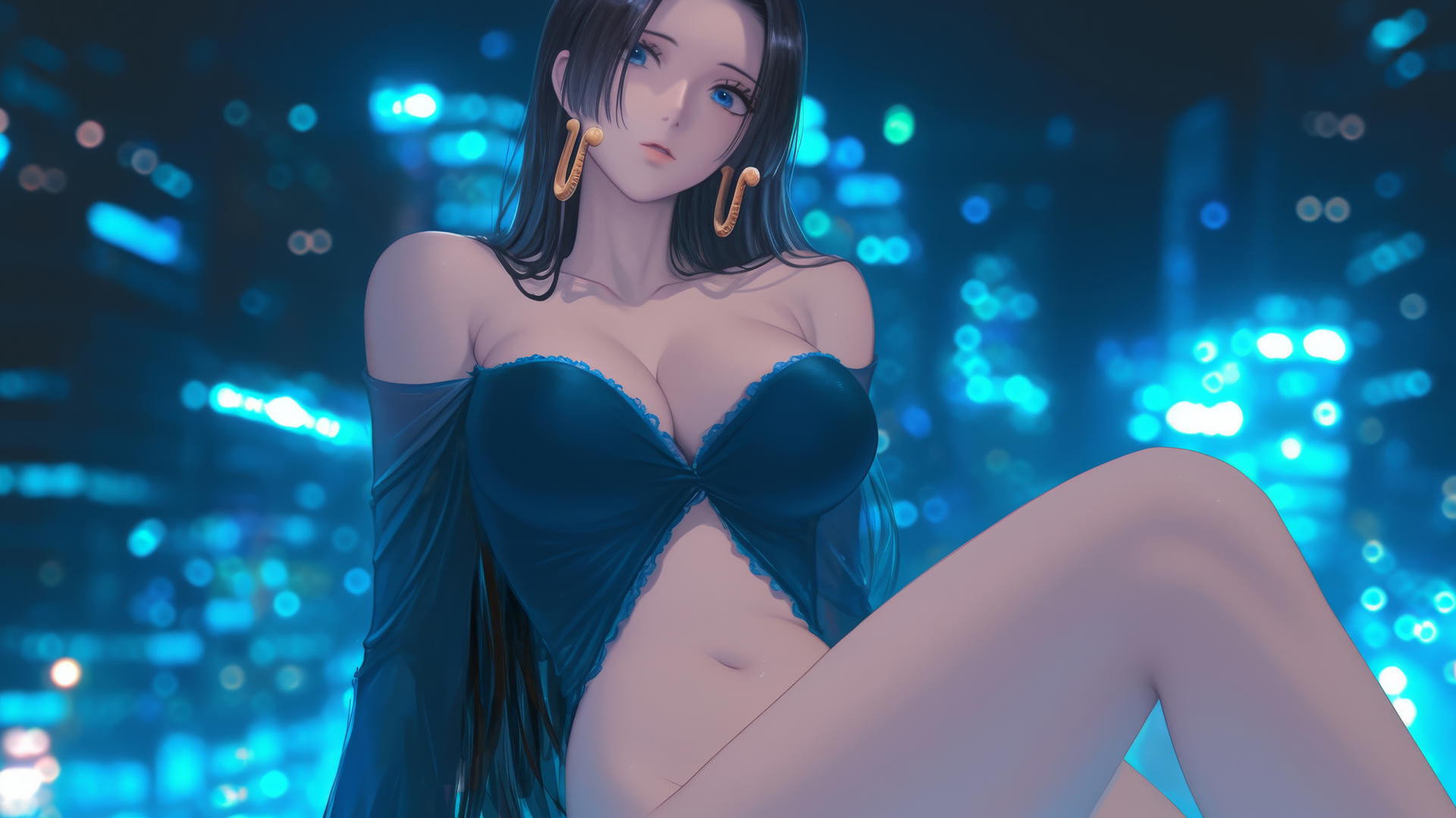 Boa Hancock from One Piece kneeling, viewed from below with a hotel ceiling in the background
