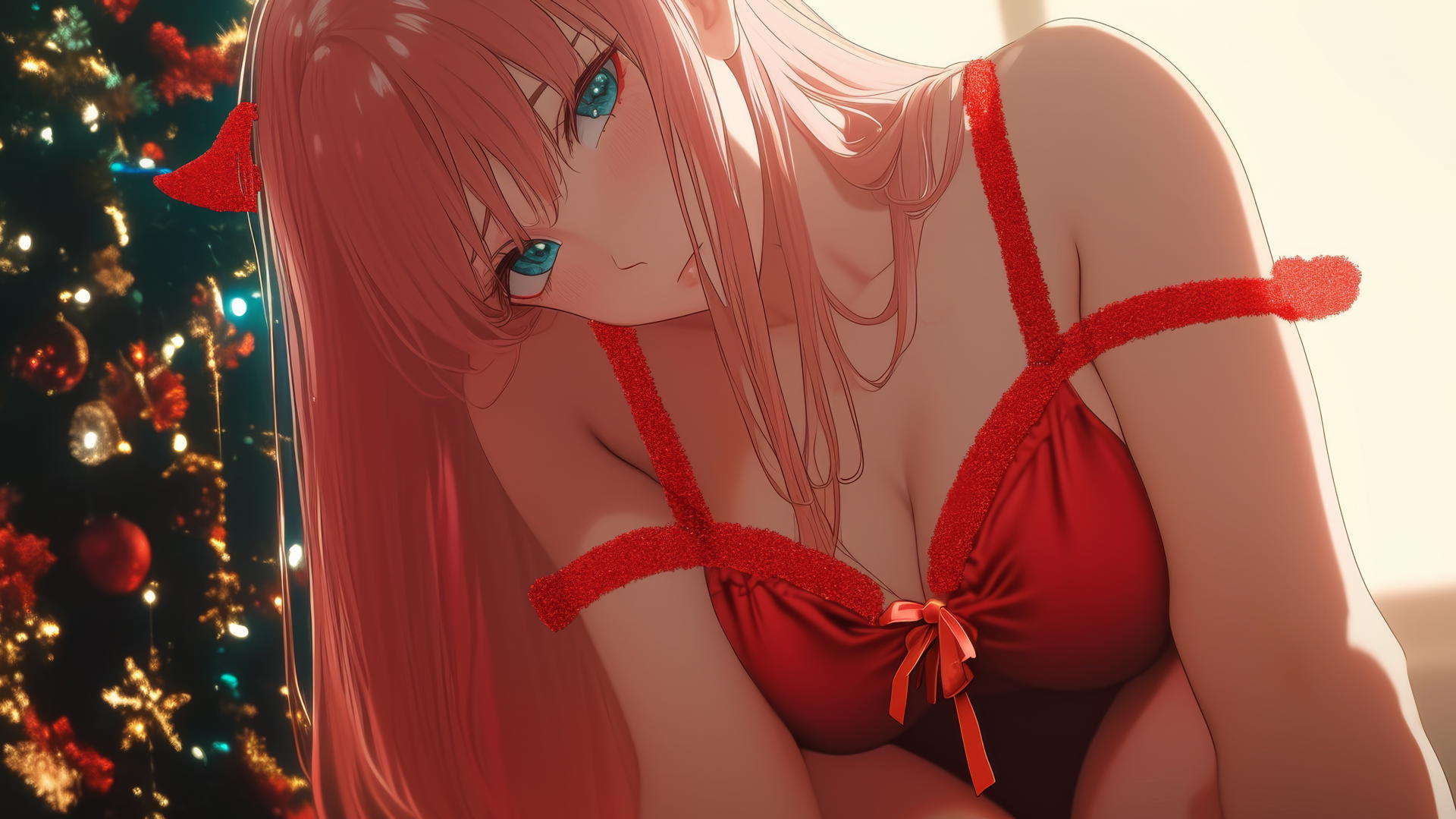 Kneeling Zero Two from DARLING in the FRANXX with pink hair and Christmas outfit.