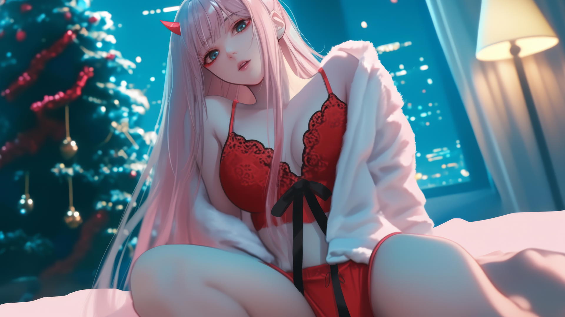 Zero Two from DARLING in the FRANXX kneeling, leaning forward with pink hair, under warm hotel ceiling light.