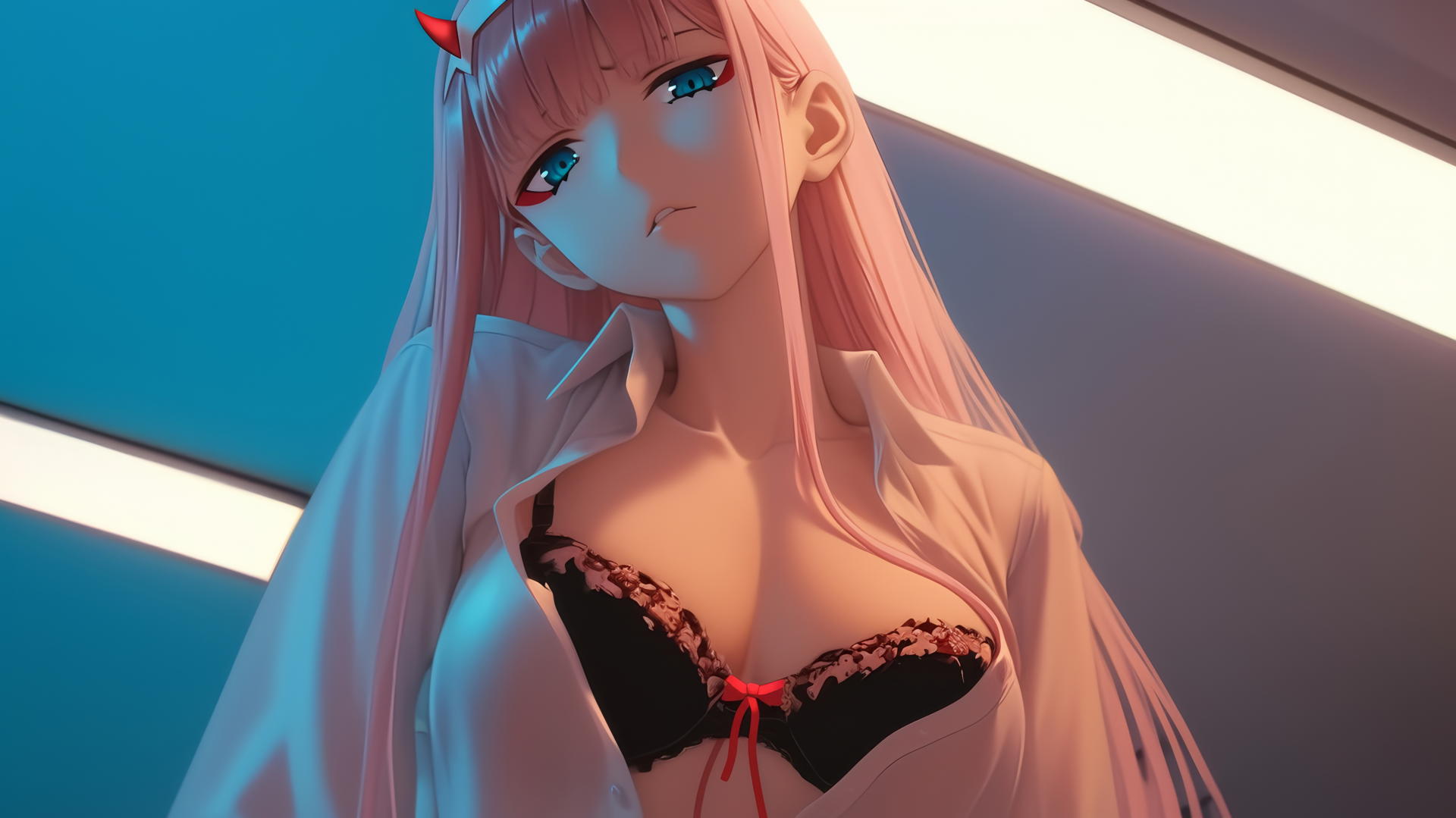 Zero Two from DARLING in the FRANXX kneeling with pink hair, neon-lit hotel ceiling