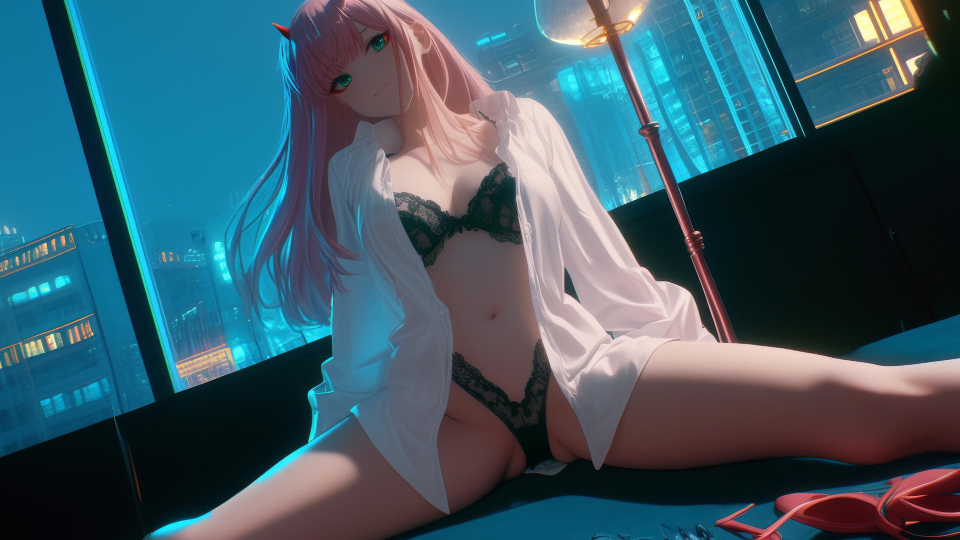 Zero Two from DARLING in the FRANXX with pink hair kneels, looking down under warm neon lights.