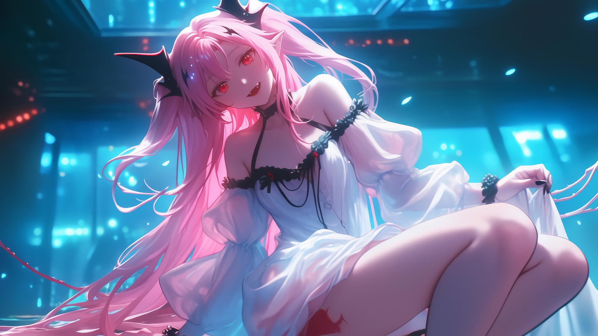 Krul Tepes from Seraph of the End kneeling, looking down with red eyes and rosy pink hair, under warm and neon ceiling lights.