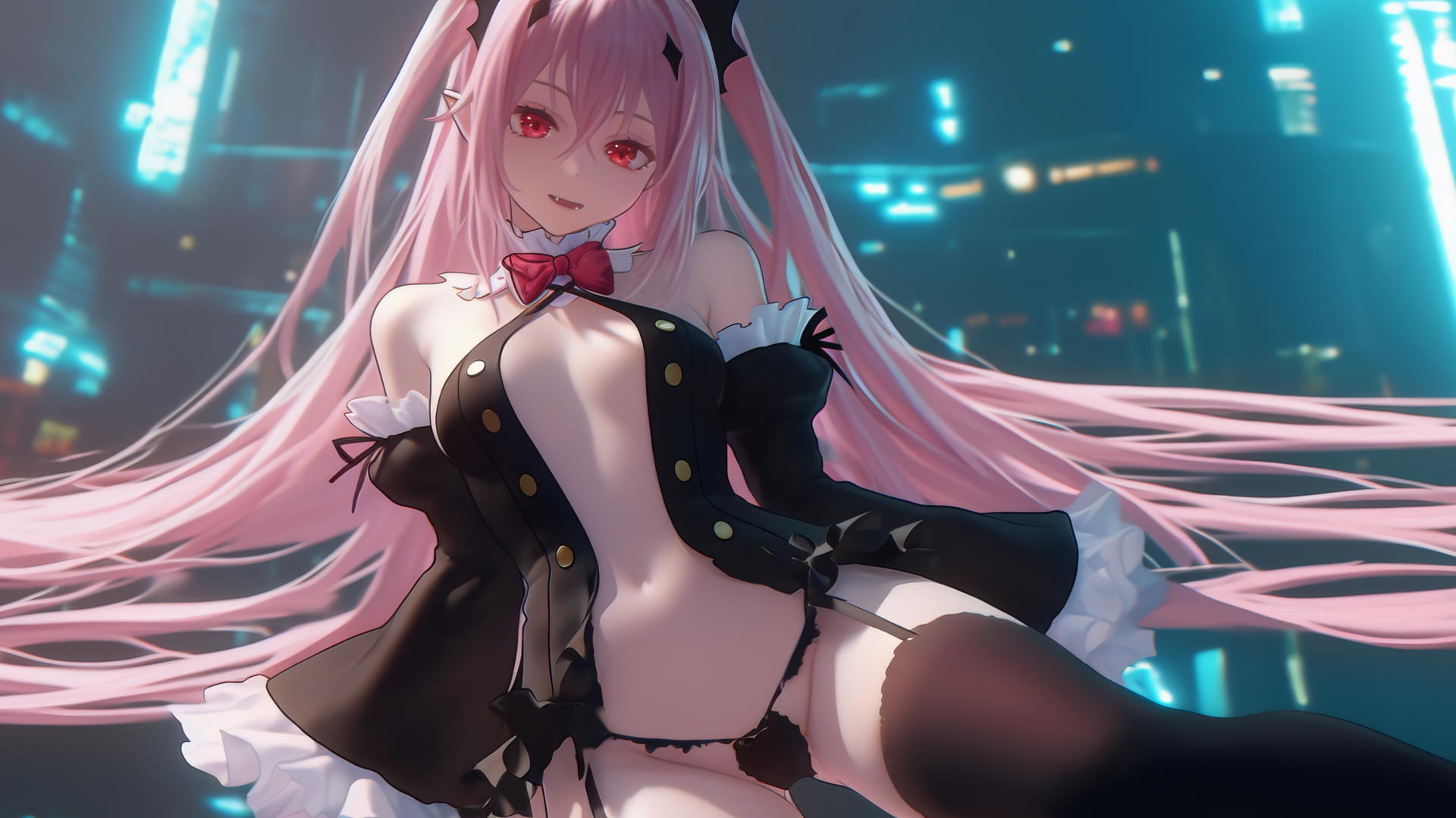 Krul Tepes from Seraph of the End kneeling with red eyes, rosy pink hair, fangs, and pointed ears, lit by warm and neon ceiling lights.