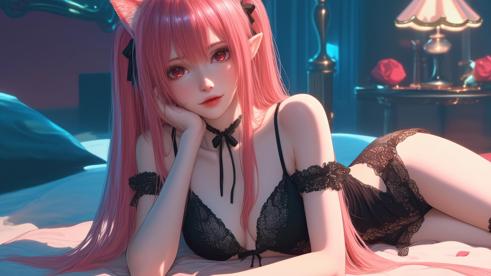 Krul Tepes with red eyes and pink hair, fangs, pointed ears, resting in neon-lit hotel room.