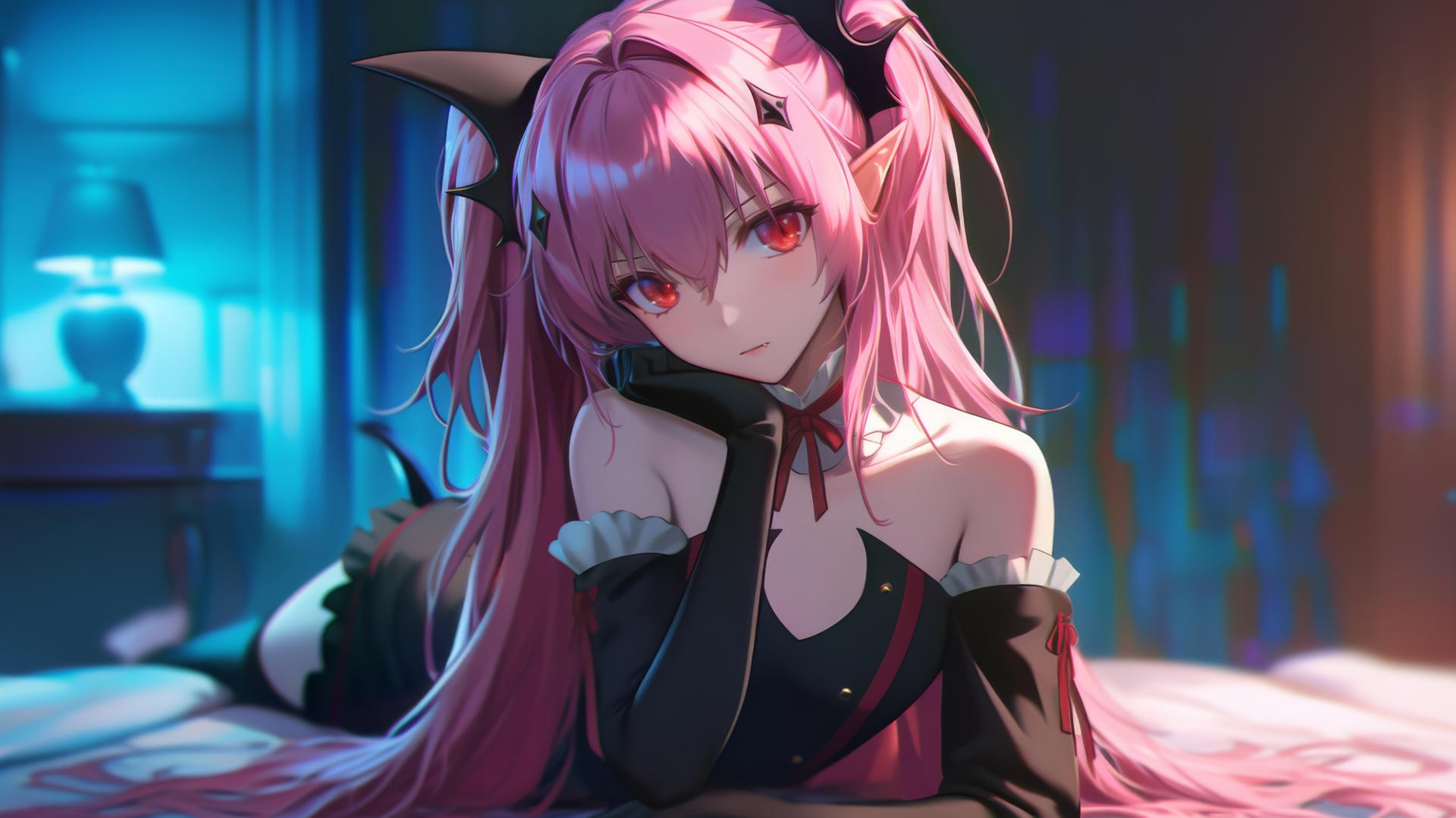 Krul Tepes from Seraph of the End with red eyes and pink hair in a modern hotel room