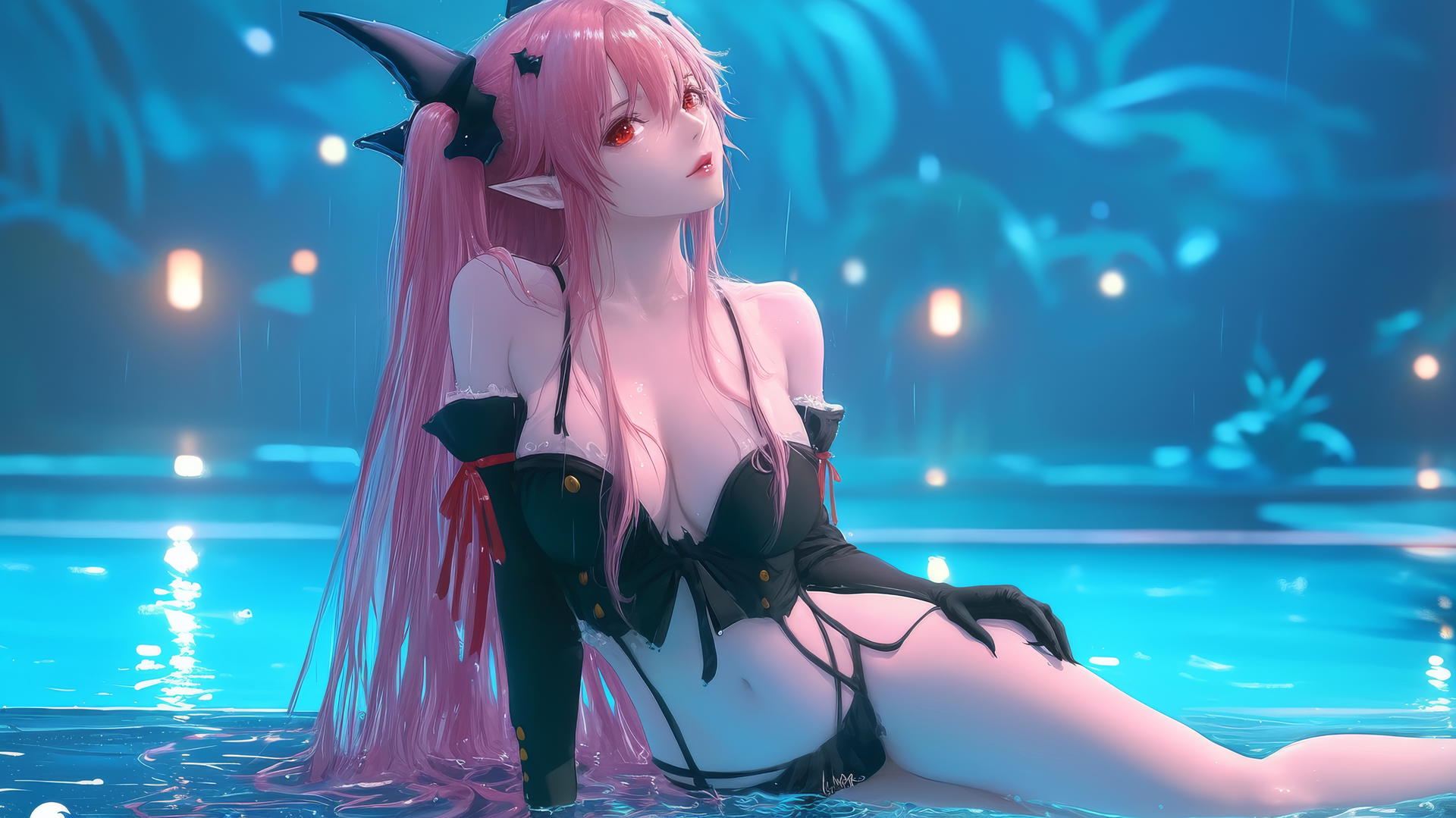 Krul Tepes with red eyes and pink hair resting by a rainy swimming pool under moonlight