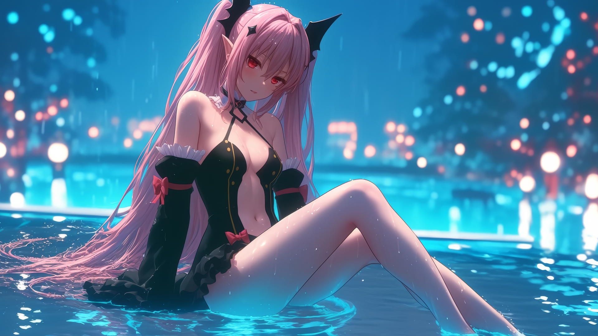 Krul Tepes with red eyes, pink hair, fangs, and pointed ears resting by a rainy pool under moonlight.