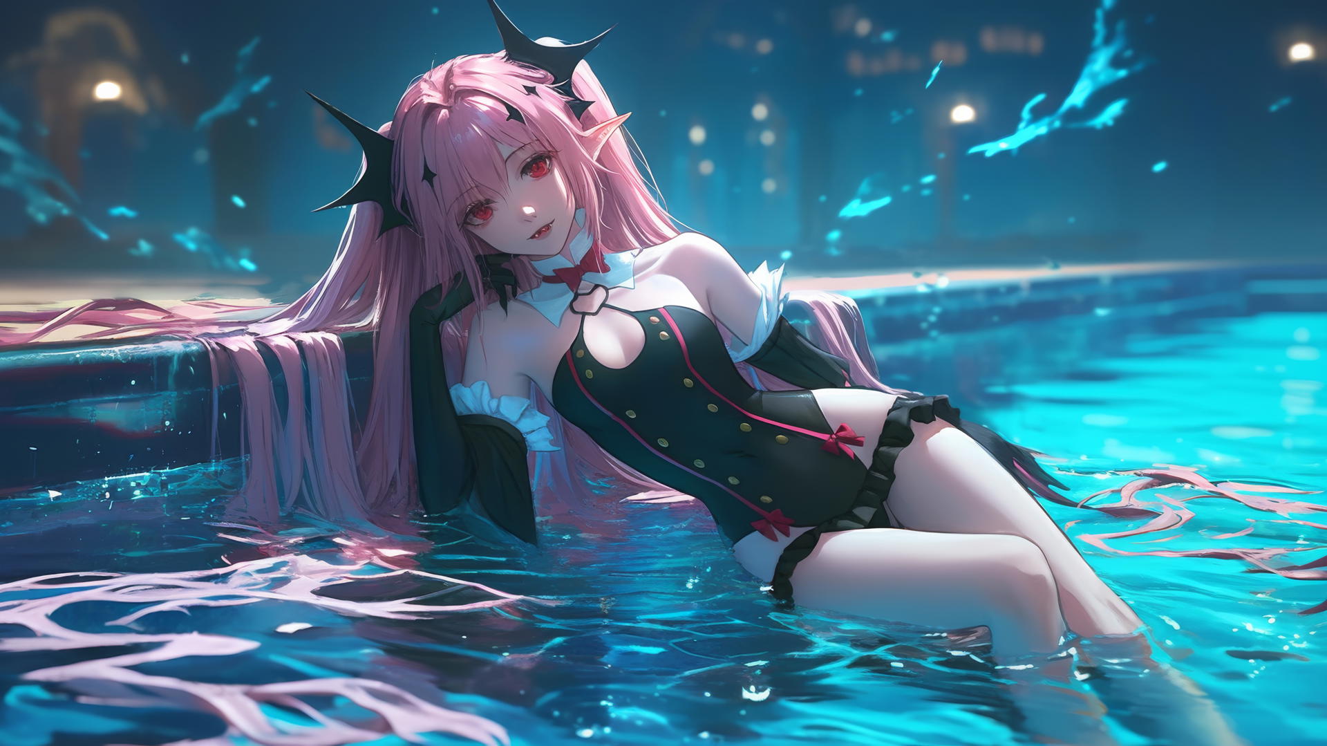 Krul Tepes with red eyes and rosy pink hair, resting by a rainy swimming pool under moonlight