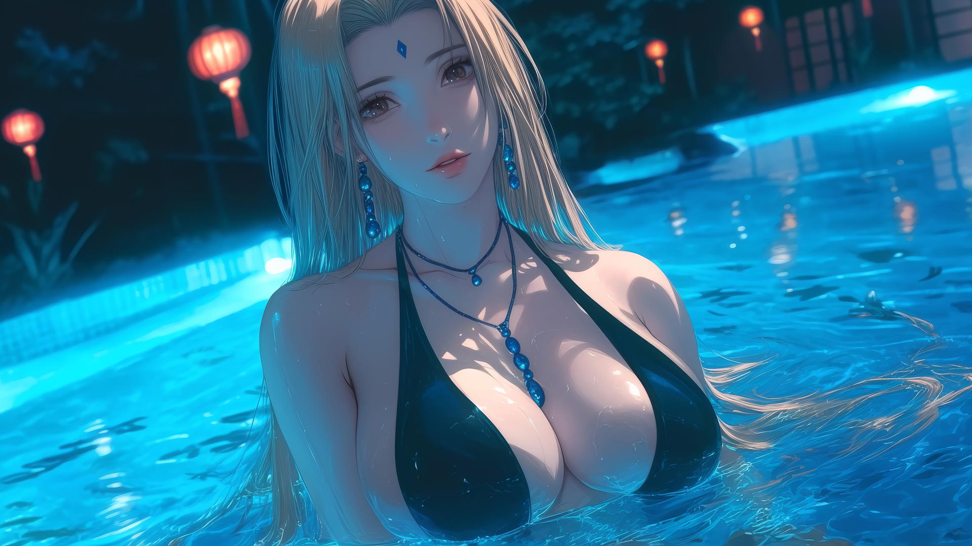 Tsunade from Naruto, resting at swimming pool under moonlight, blonde hair, brown eyes