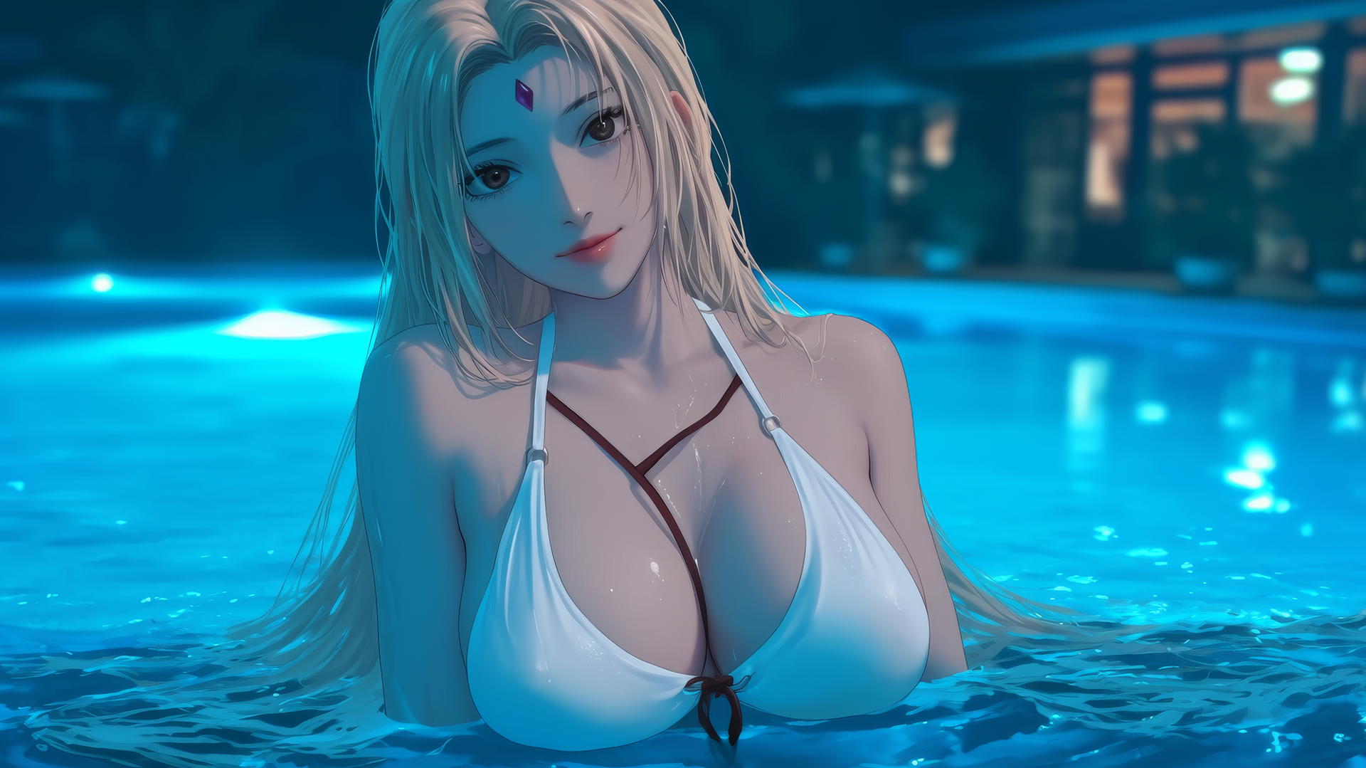 Tsunade from Naruto resting at swimming pool under moonlight with blonde hair and brown eyes.