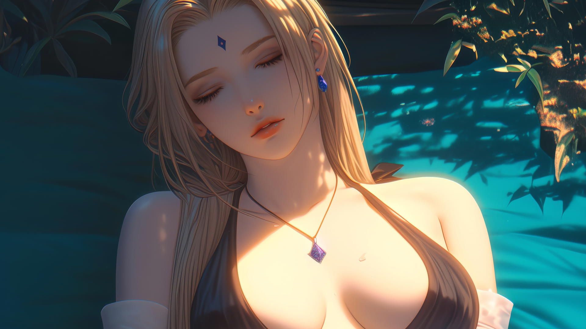 Tsunade from Naruto resting at beach with warm light glow