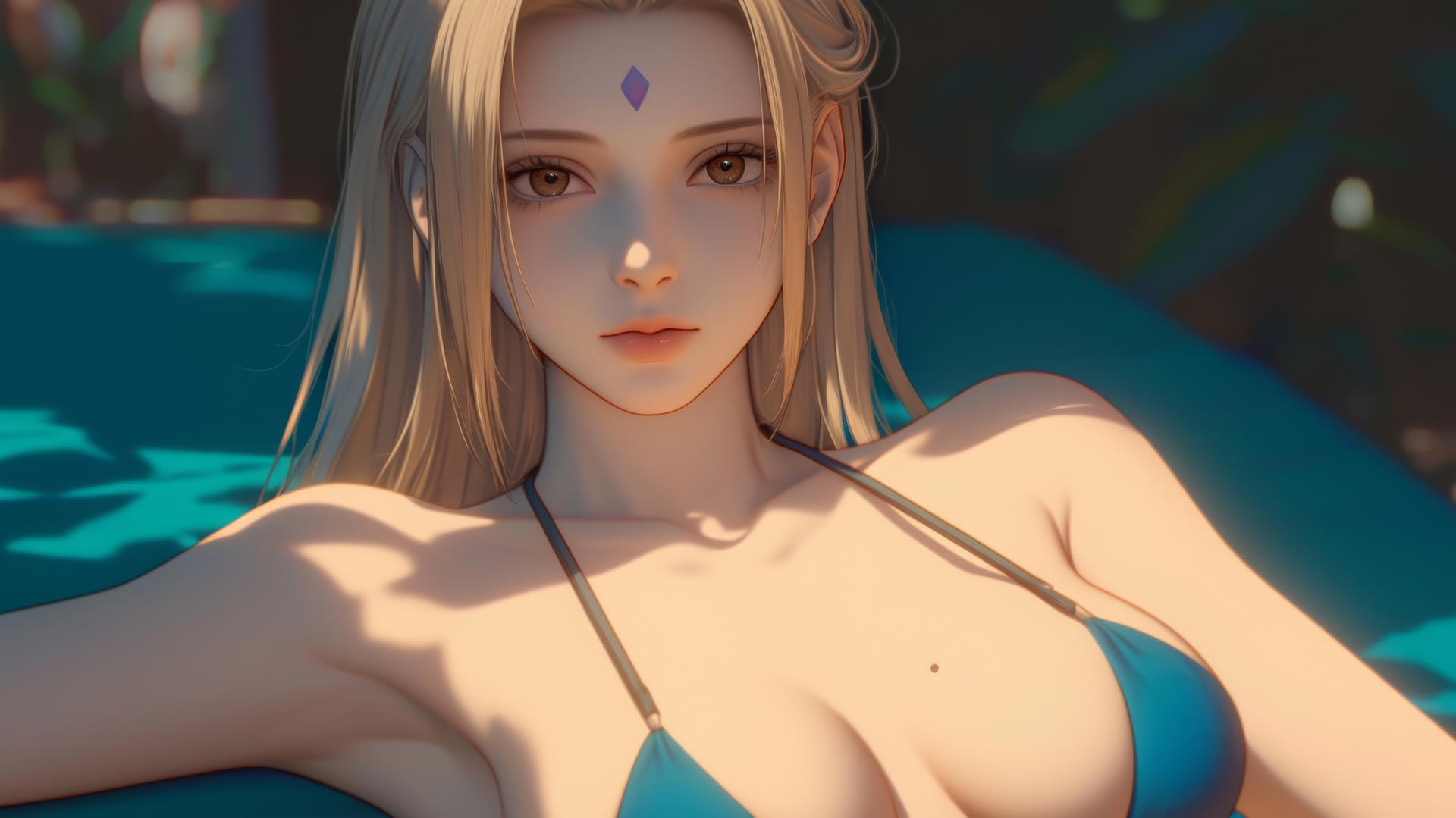 Tsunade from Naruto resting at a sunny beach with warm light and a soft glow.