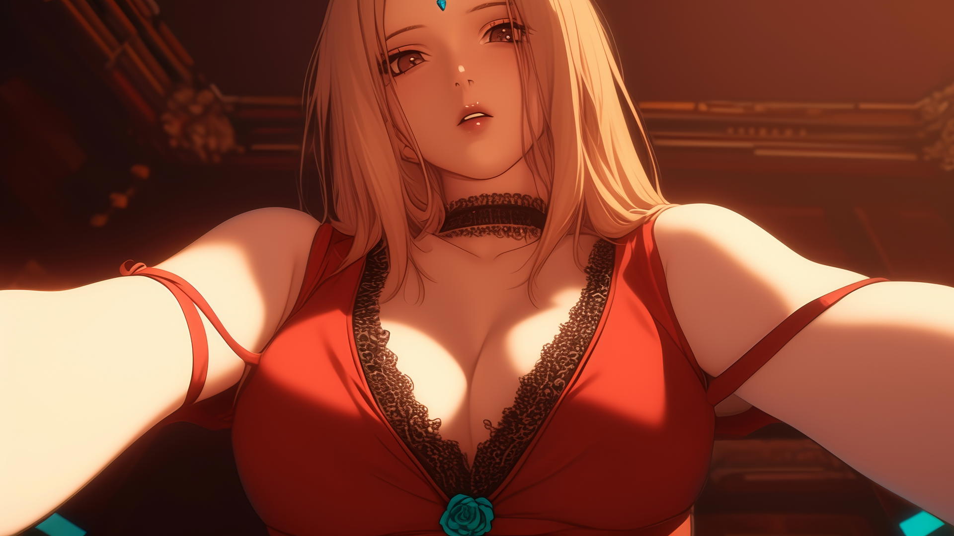 Tsunade from Naruto kneeling, wearing Christmas red, seen from below, with warm neon lighting.