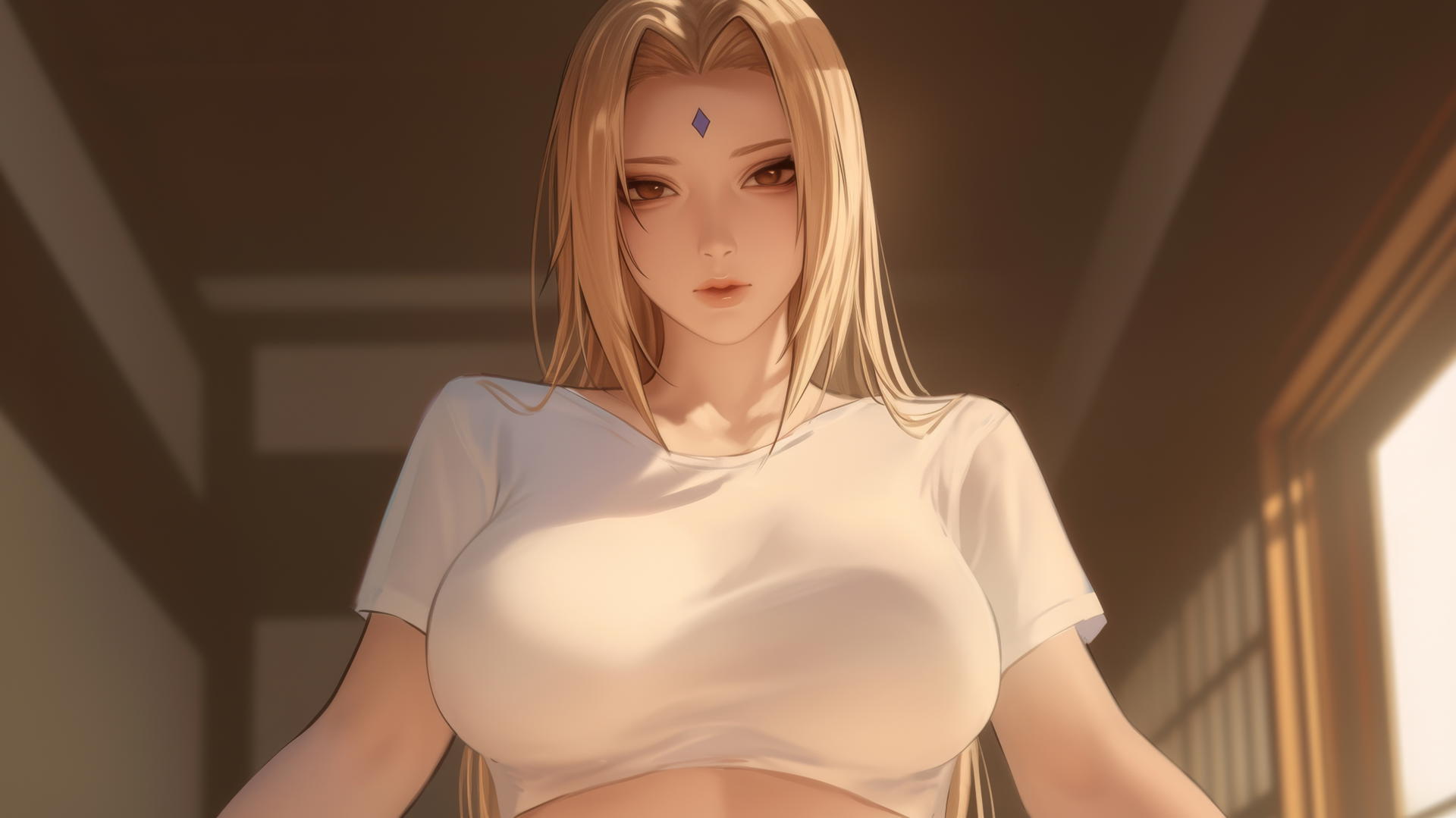 Tsunade from Naruto kneeling and leaning with a soft glow, seen from below.