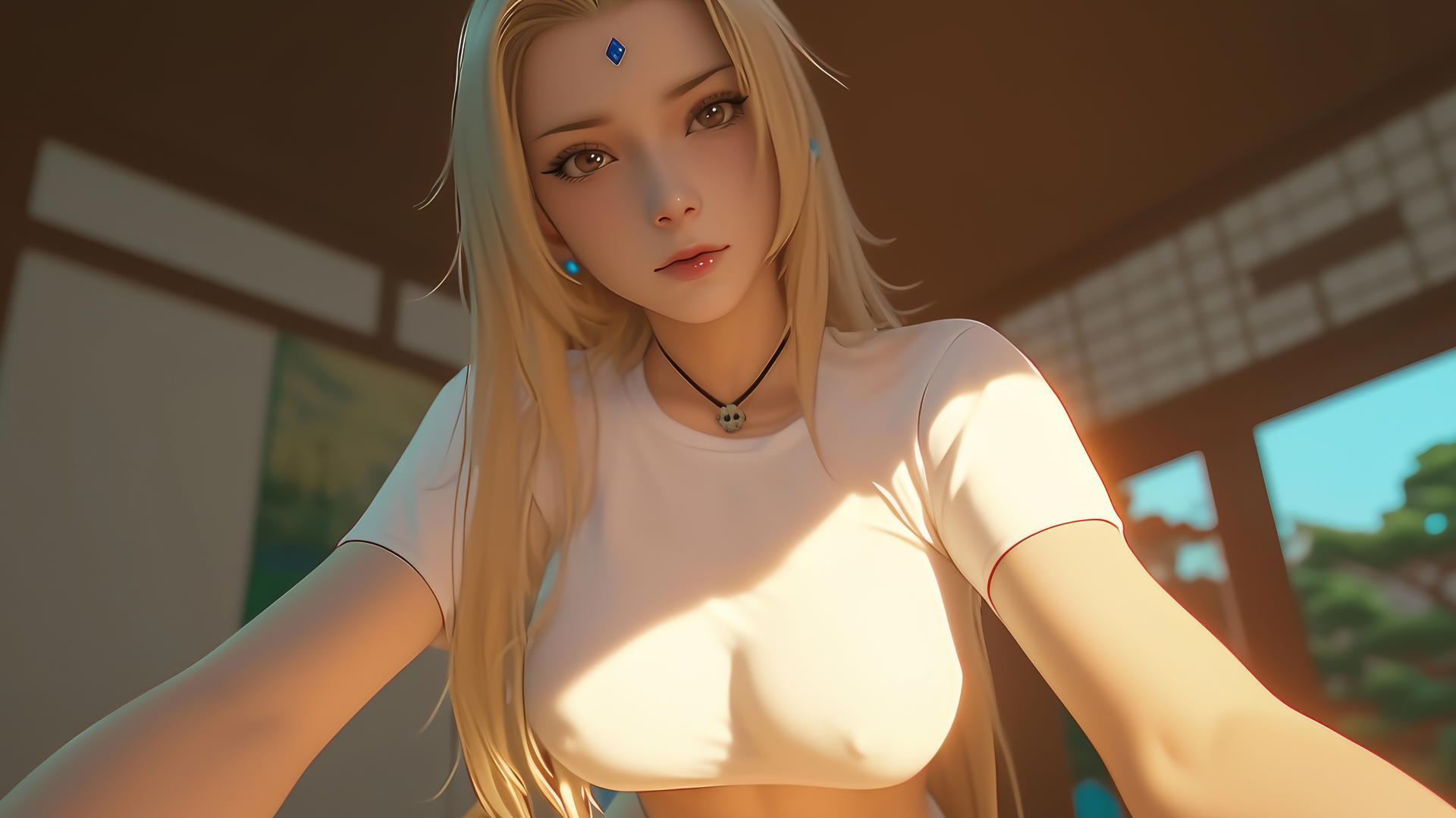 Tsunade from Naruto kneeling, leaning forward with a warm light glow.