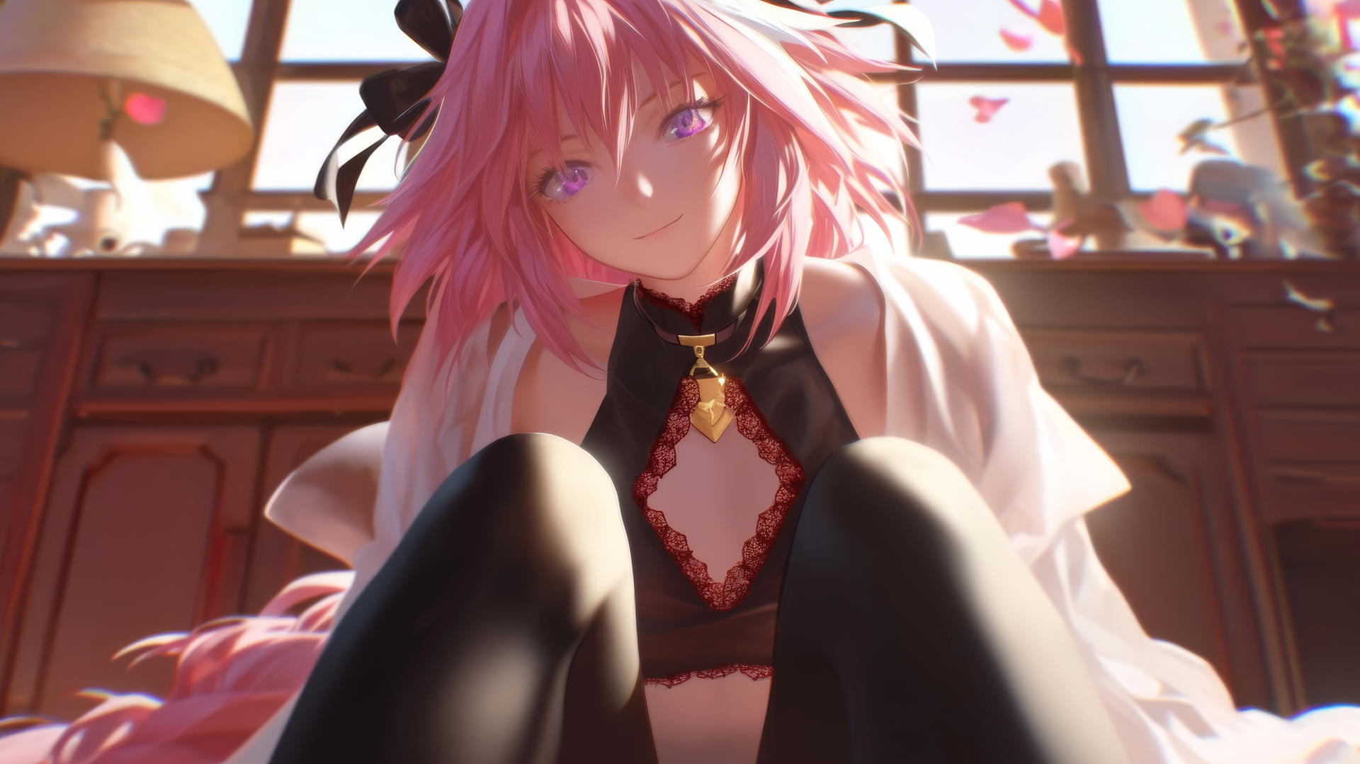 Astolfo from Type Moon kneeling and leaning, with warm light and ceiling in background.