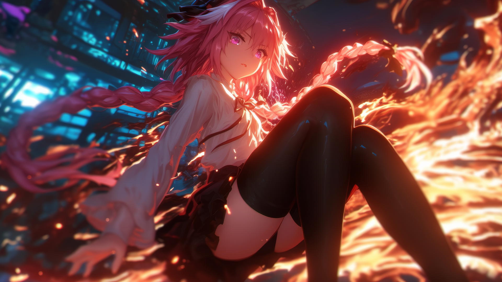 Astolfo from Type Moon kneeling and leaning towards viewer with a ceiling background.