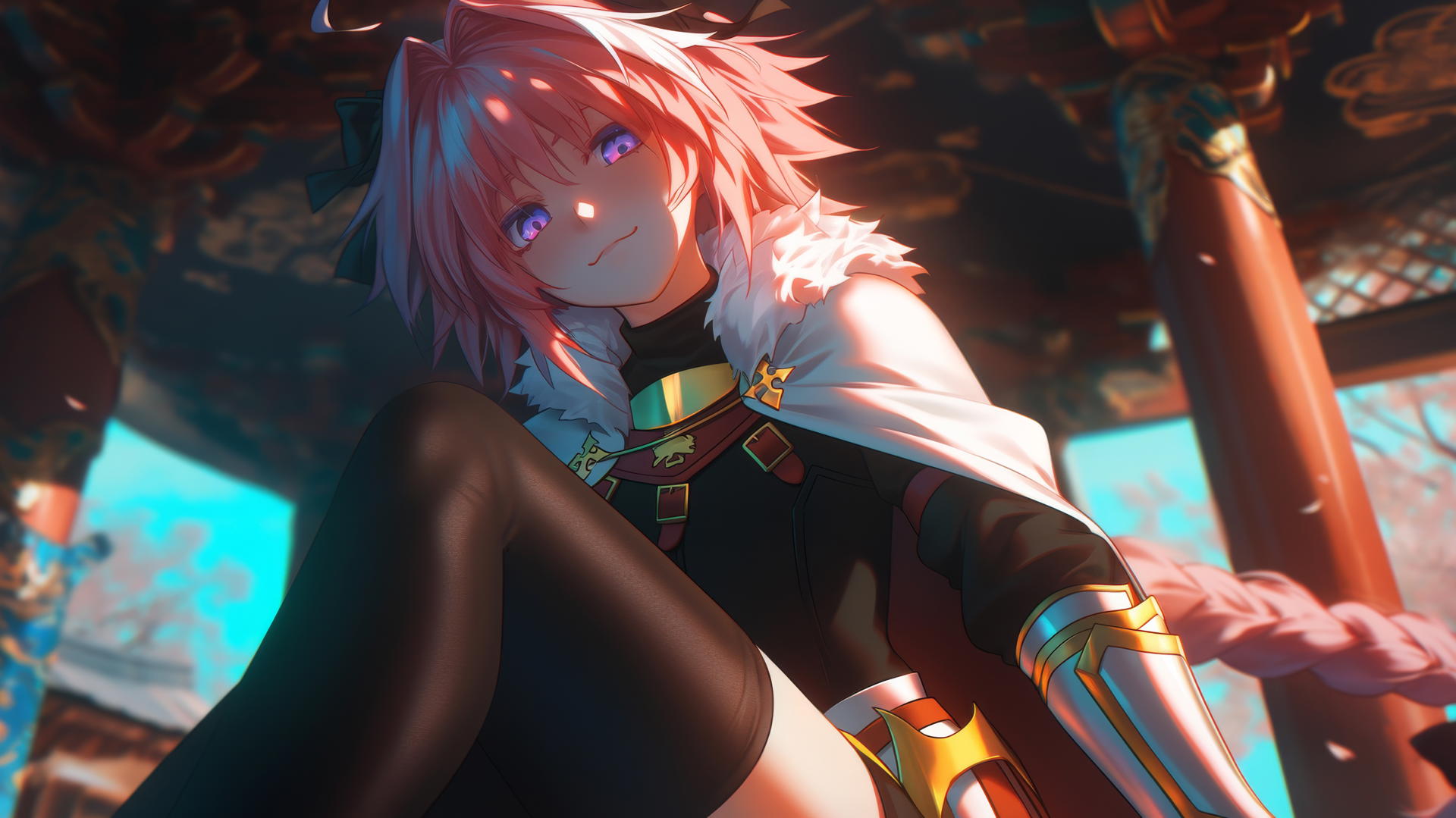 Astolfo from Type Moon, leaning and kneeling, illuminated with warm light, ceiling background.