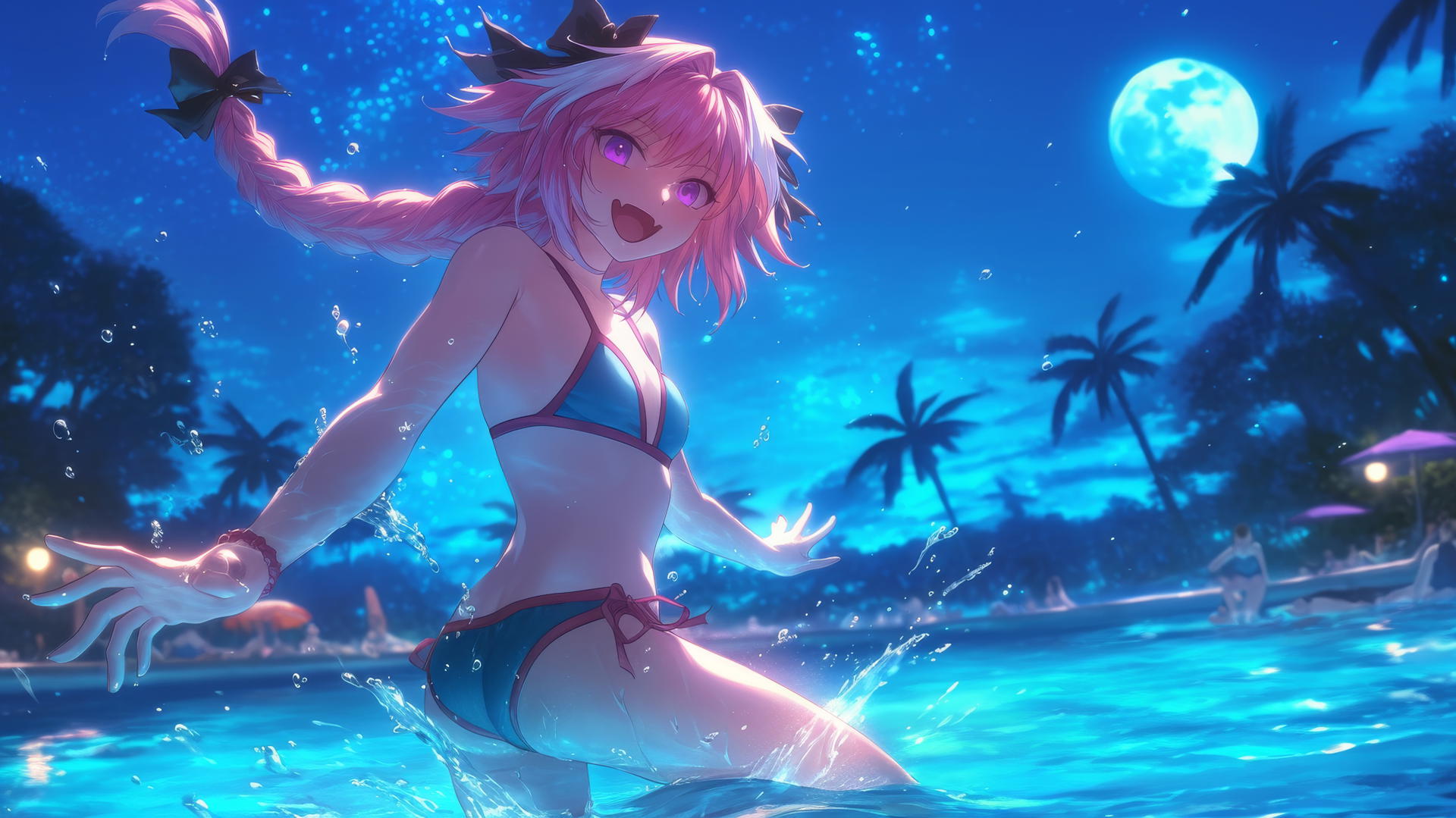 Astolfo from Type Moon jumping out of a swimming pool under moonlight