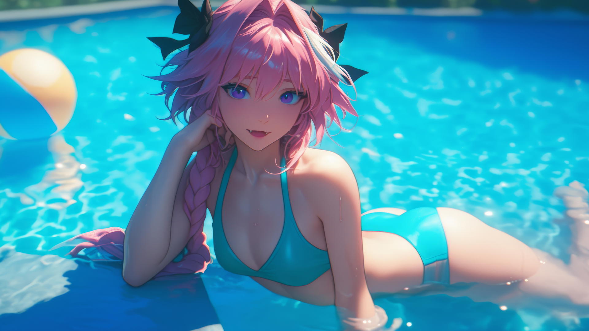 Astolfo from Type Moon resting by a swimming pool under moonlight.