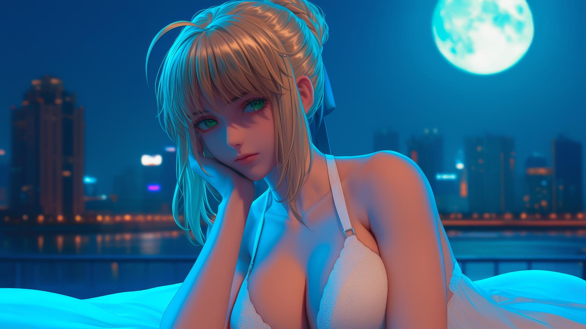 Saber from Fate Zero with green eyes, resting in a modern hotel room under soft moonlight.