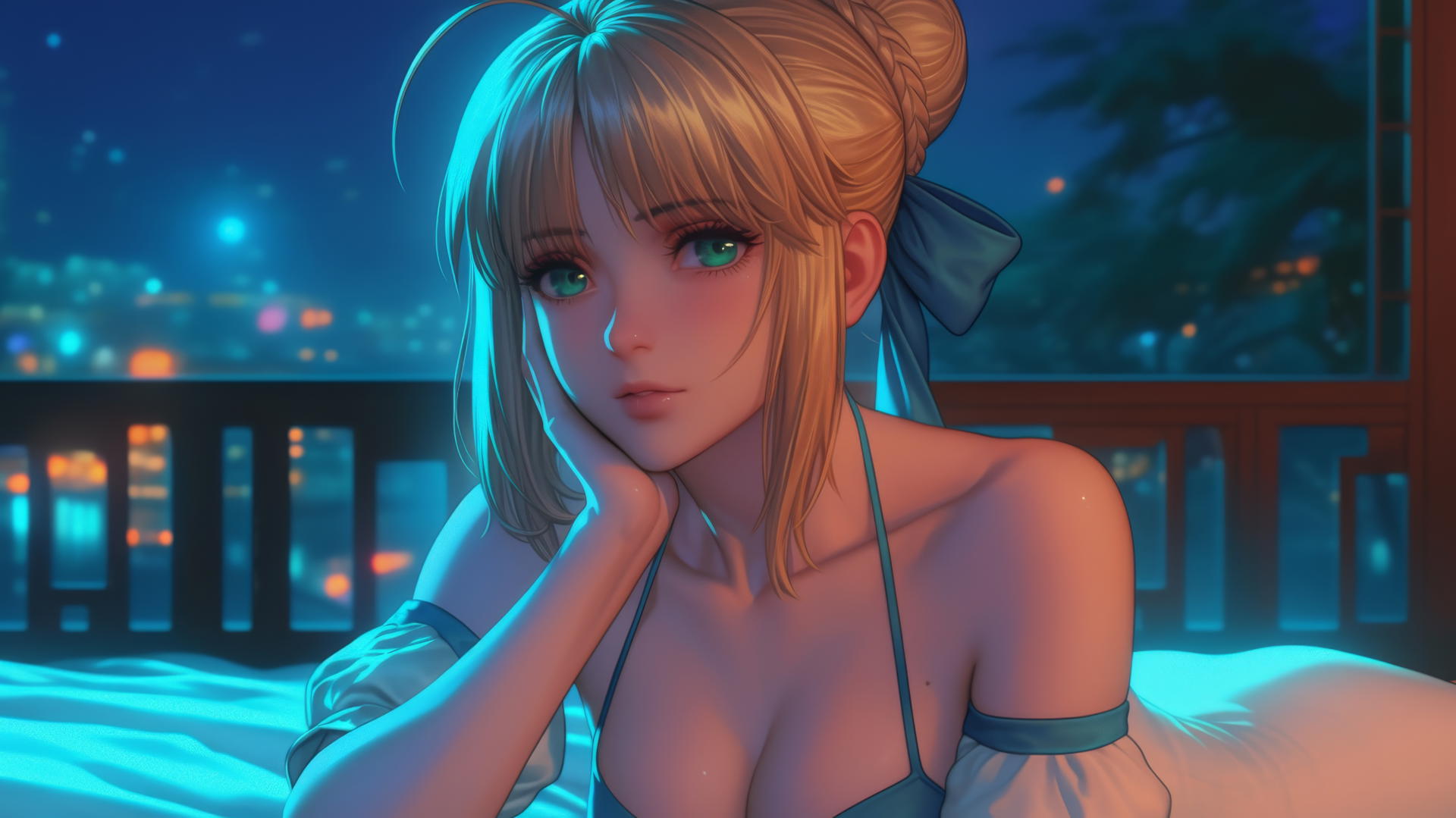 Saber from Fate Zero with green eyes relaxing in a modern hotel room, illuminated by moonlight.