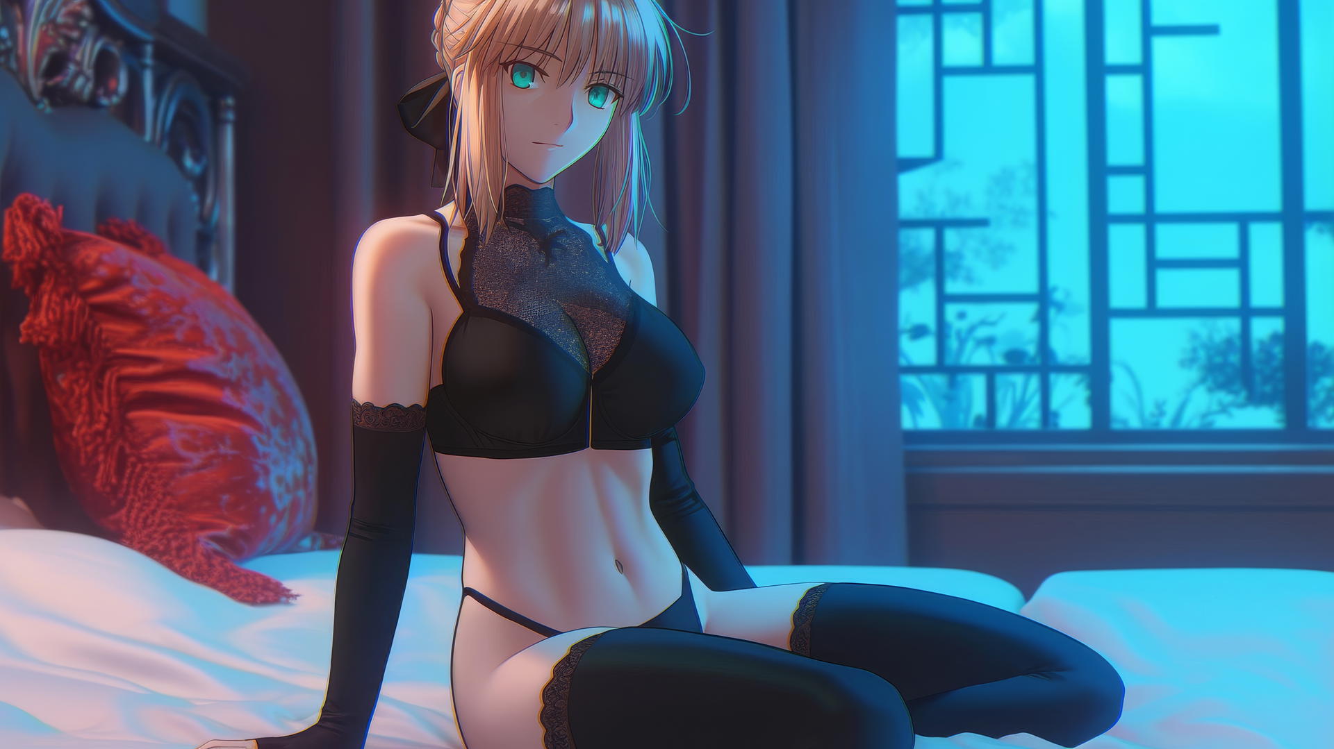 Saber from Fate Zero with green eyes sitting leisurely in a modern hotel room under moonlight.